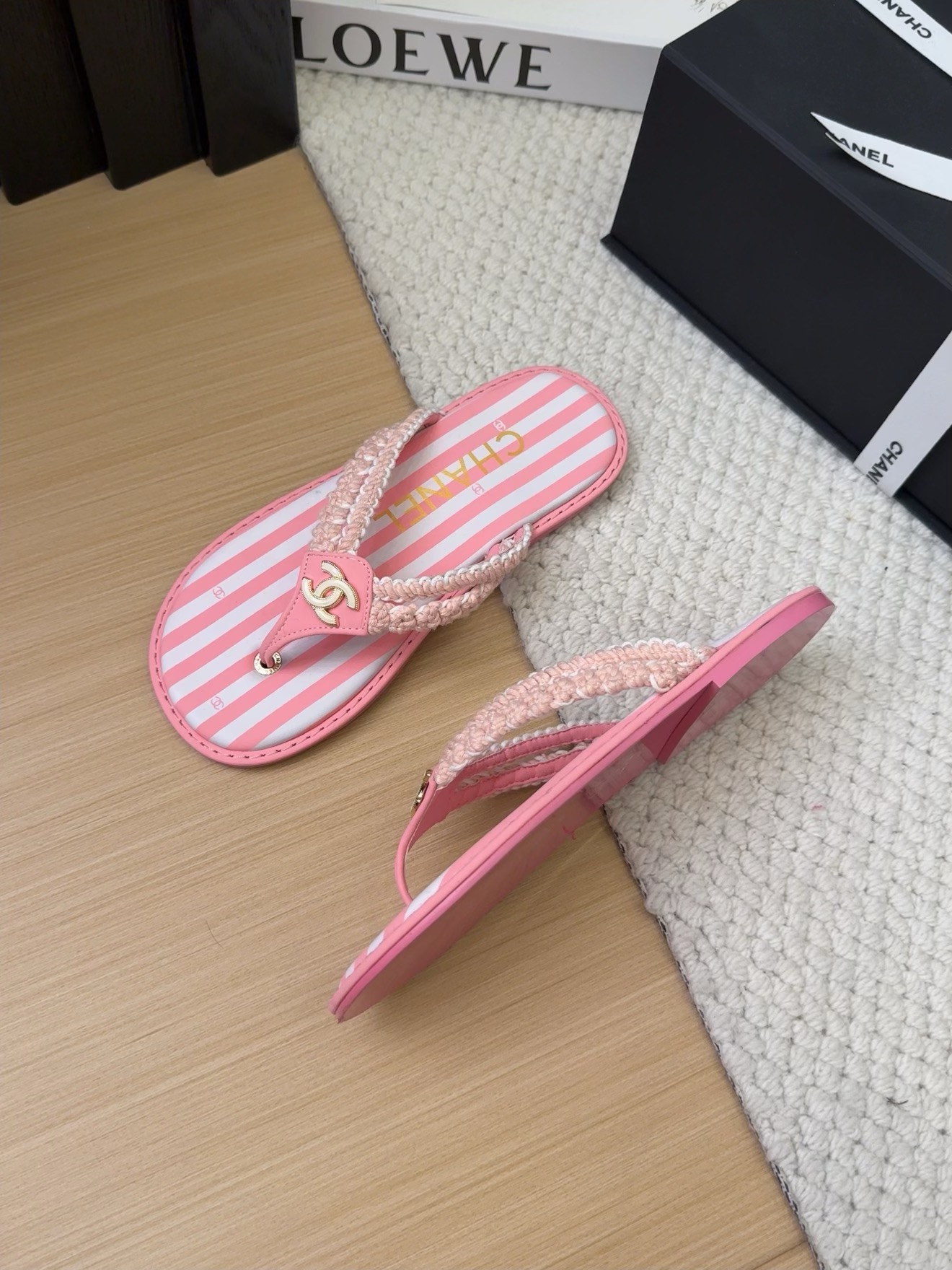 Elegant Chanel Pink Striped Thong Sandals Women's Summer Beach Shoes Size 35-39 3 i1743063207 1520 6