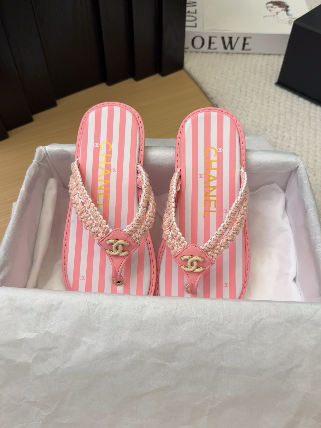 Elegant Chanel Pink Striped Thong Sandals Women's Summer Beach Shoes Size 35-39 9 i1743063207 4980 1