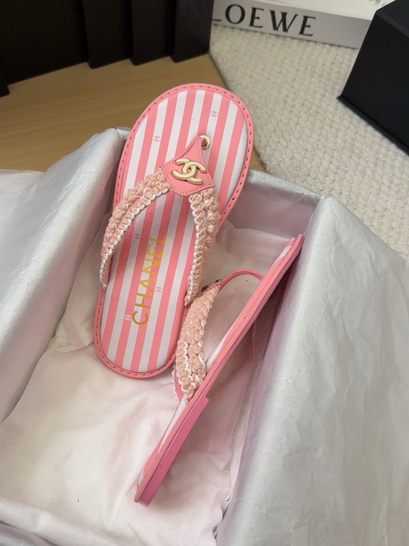 Elegant Chanel Pink Striped Thong Sandals Women's Summer Beach Shoes Size 35-39 7 i1743063207 7427 5