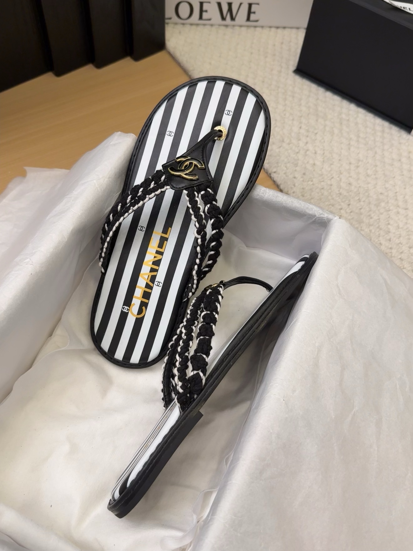 Chanel Women's Striped Thong Sandals with Braided Straps – Designer Footwear 10 i1743063223 1263 1
