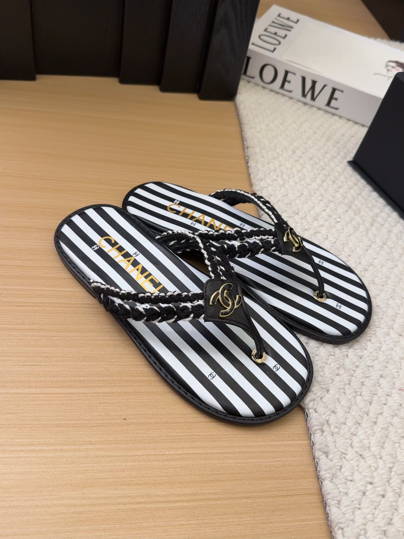 Chanel Women's Striped Thong Sandals with Braided Straps – Designer Footwear 1 Chanel Women's Striped Thong Sandals with Braided Straps – Designer Footwear