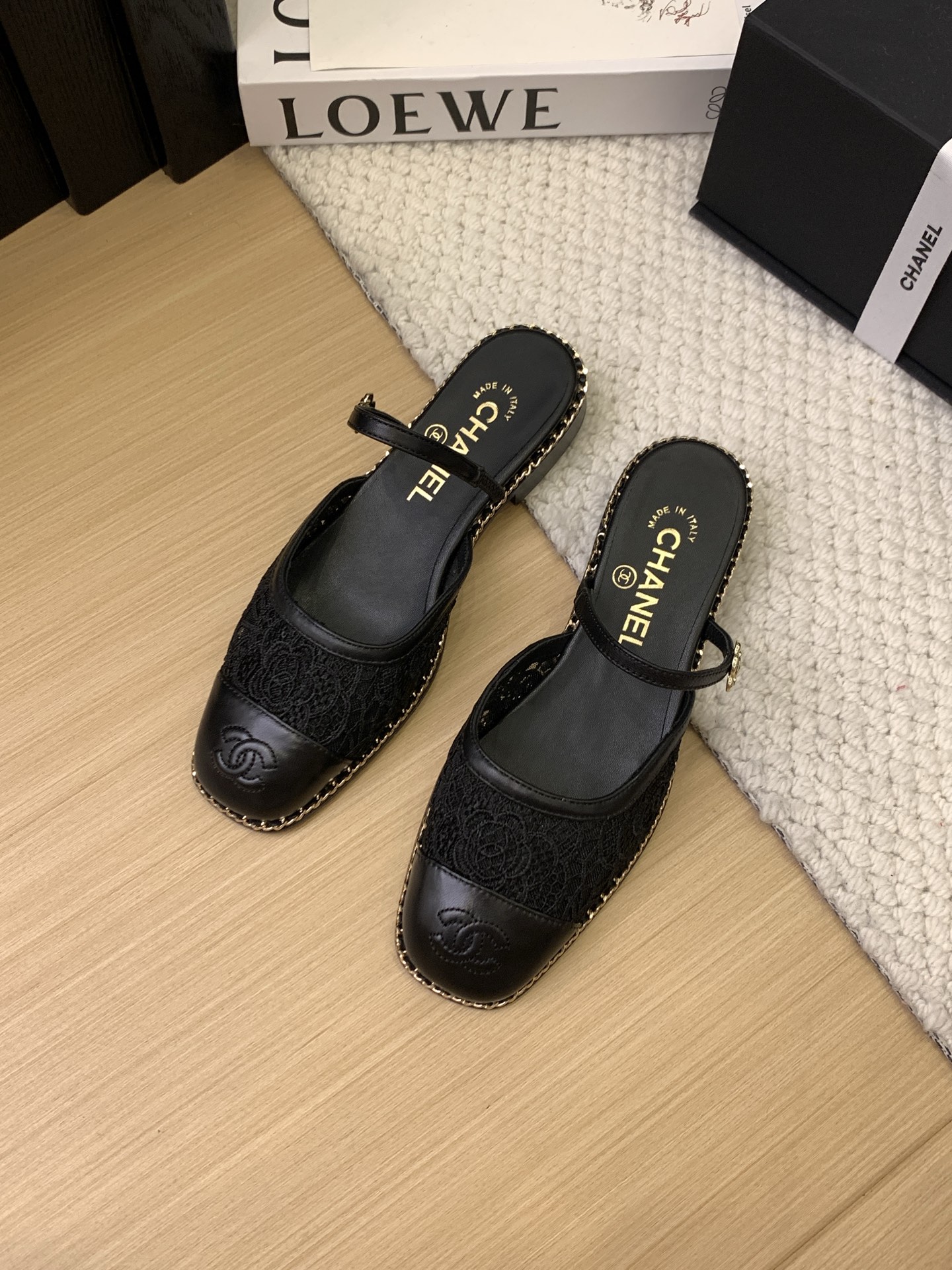 Elegant Chanel 25 Black Leather & Lace Mules with Ankle Strap 3 i1743170504475 2845 0 0