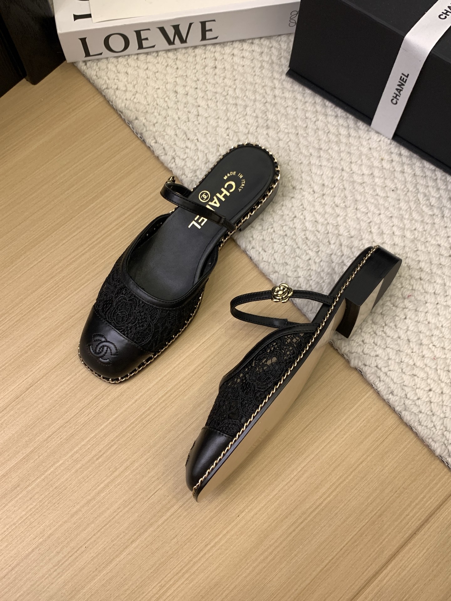 Elegant Chanel 25 Black Leather & Lace Mules with Ankle Strap 1 Elegant Chanel 25 Black Leather & Lace Mules with Ankle Strap