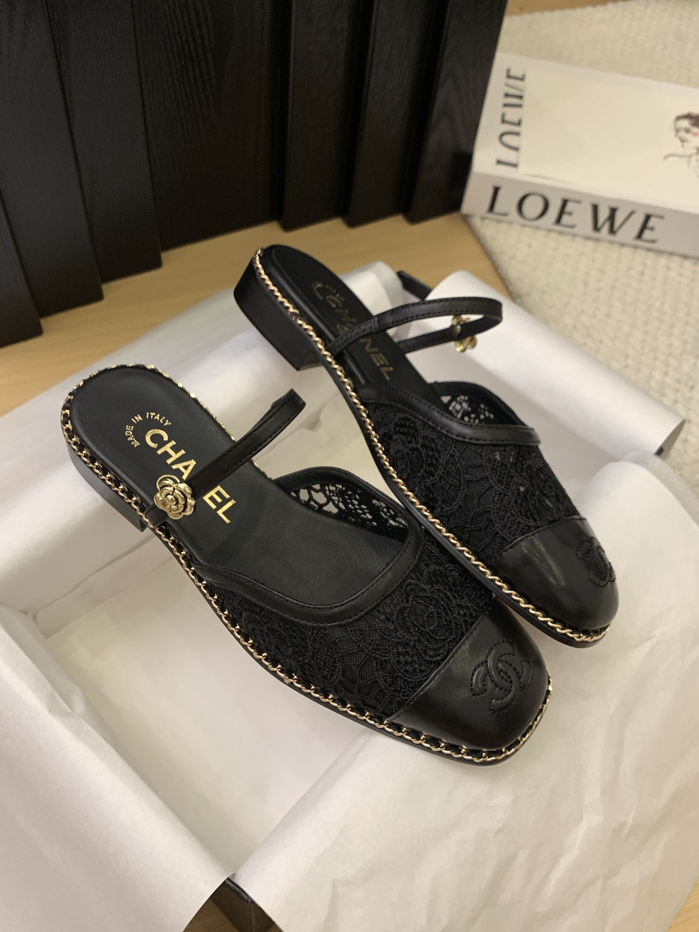 Elegant Chanel 25 Black Leather & Lace Mules with Ankle Strap 7 i1743170504484 2627 0 5