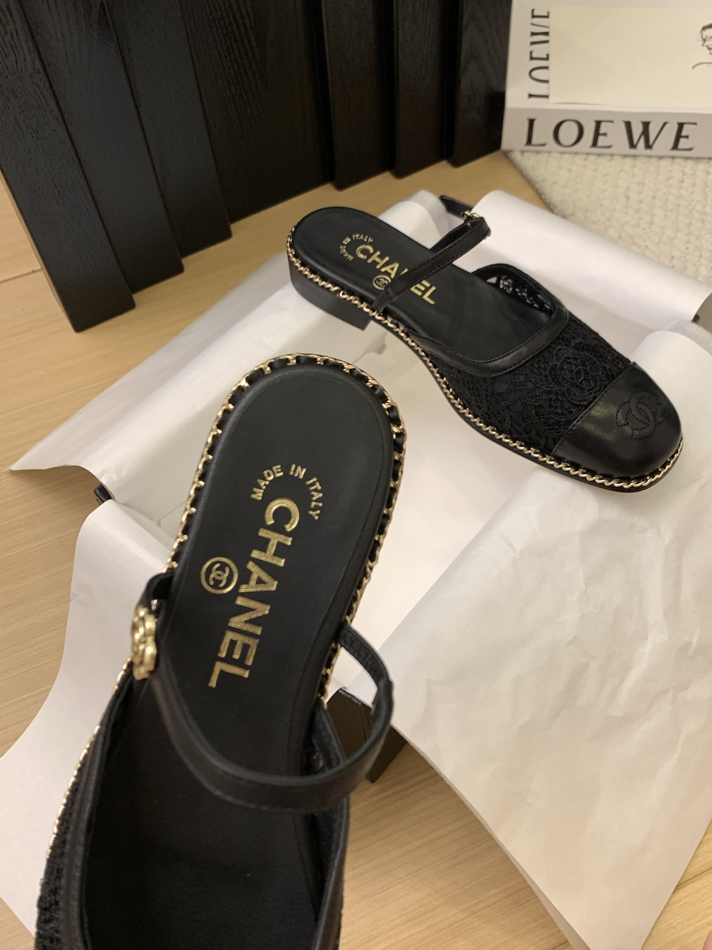 Elegant Chanel 25 Black Leather & Lace Mules with Ankle Strap 8 i1743170504635 2418 0 6