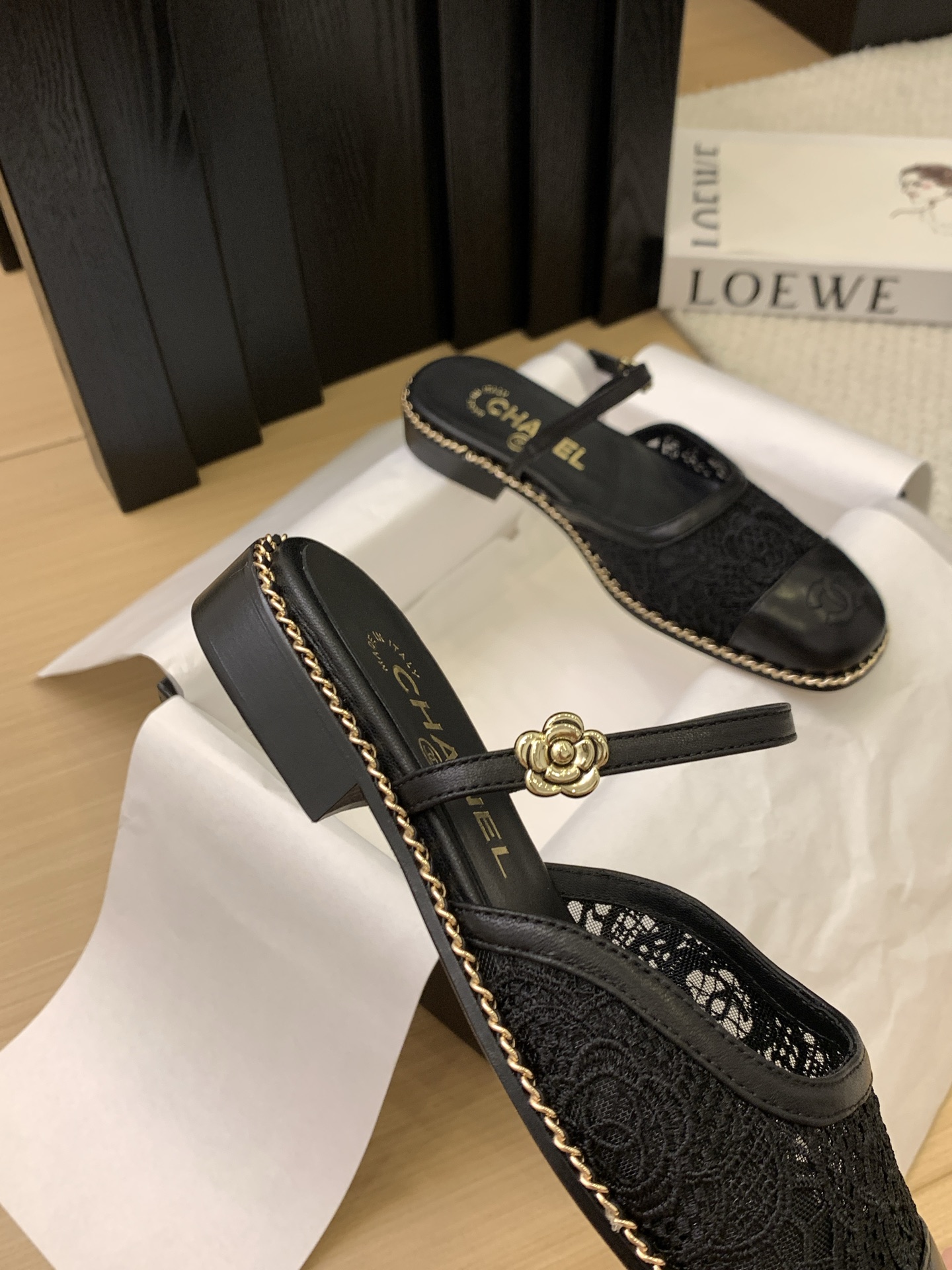 Elegant Chanel 25 Black Leather & Lace Mules with Ankle Strap 9 i1743170504710 4089 0 7