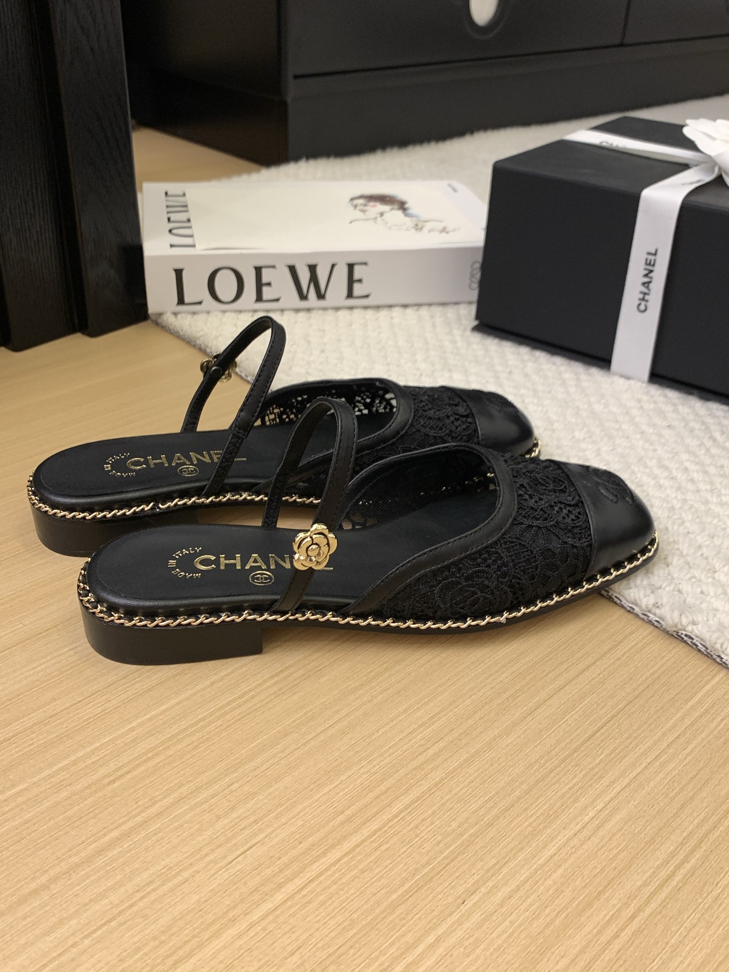 Elegant Chanel 25 Black Leather & Lace Mules with Ankle Strap 4 i1743170506826 1982 0 2