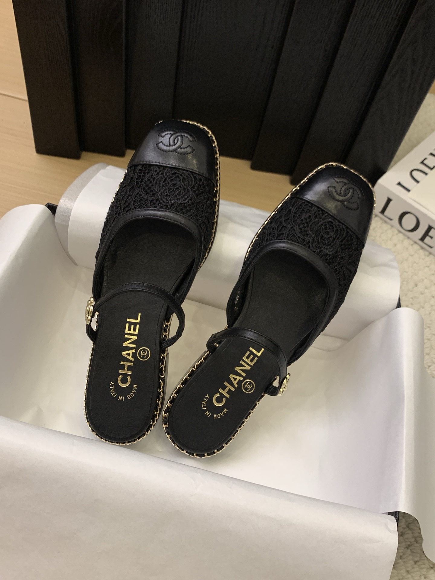 Elegant Chanel 25 Black Leather & Lace Mules with Ankle Strap 6 i1743170507017 166 0 4