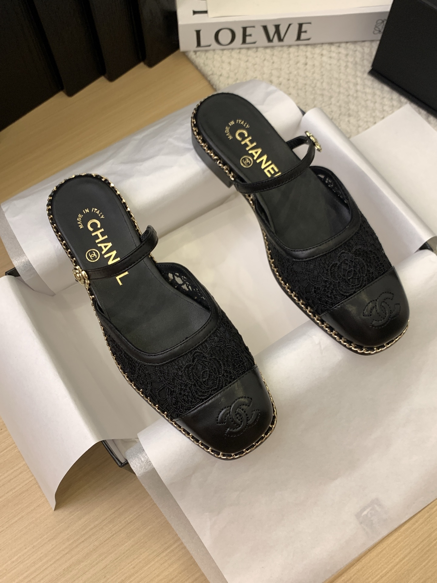 Elegant Chanel 25 Black Leather & Lace Mules with Ankle Strap 5 i1743170507034 9873 0 3