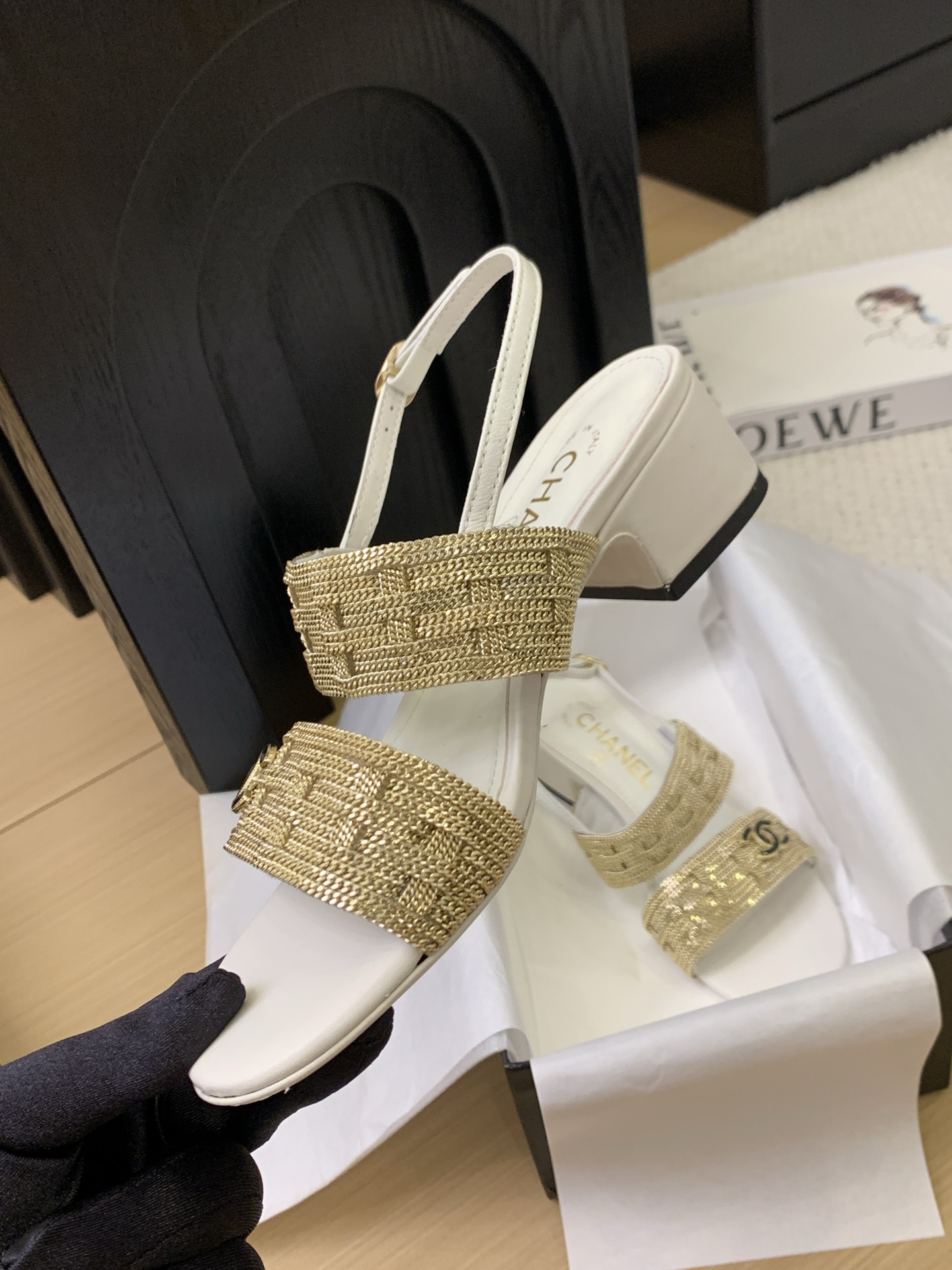 Chanel Women's White & Gold Leather Sandals with Ankle Strap and Block Heel 8 i1743187924012 8840 0 6