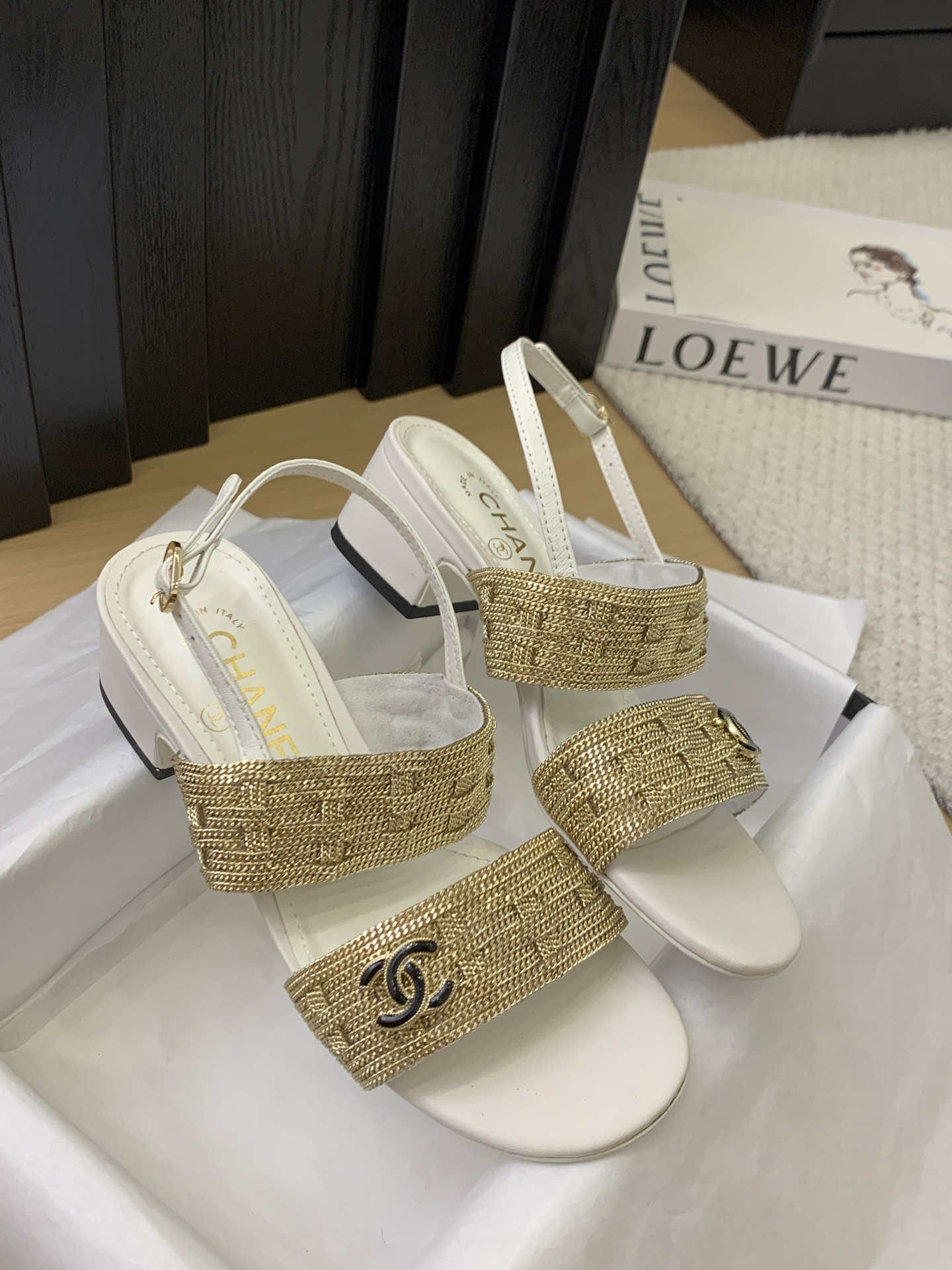 Chanel Women's White & Gold Leather Sandals with Ankle Strap and Block Heel 5 i1743187924274 889 0 3
