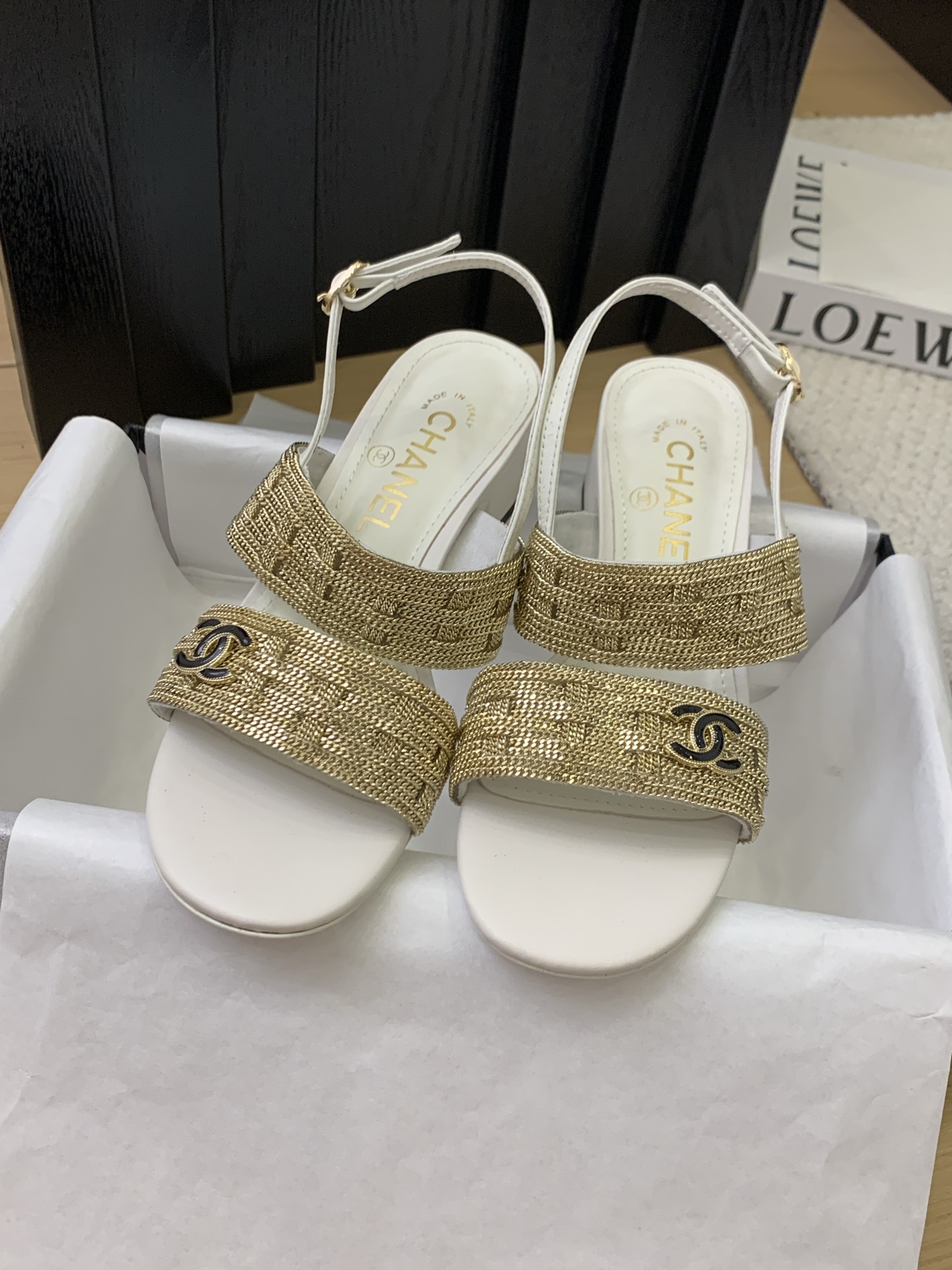 Chanel Women's White & Gold Leather Sandals with Ankle Strap and Block Heel 3 i1743187924316 4808 0 1