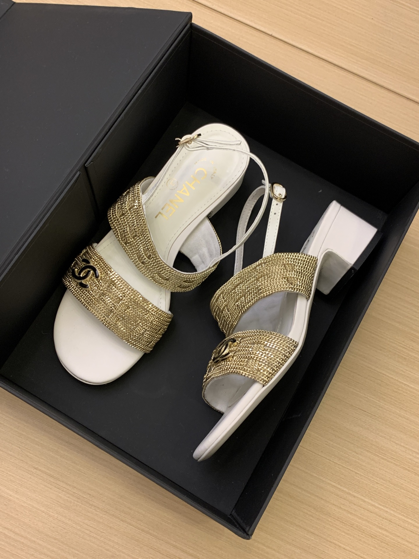 Chanel Women's White & Gold Leather Sandals with Ankle Strap and Block Heel 1 Chanel Women's White & Gold Leather Sandals with Ankle Strap and Block Heel