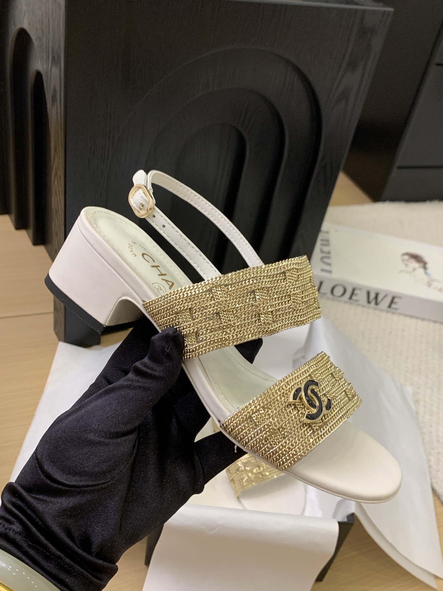 Chanel Women's White & Gold Leather Sandals with Ankle Strap and Block Heel 6 i1743187929106 5894 0 4