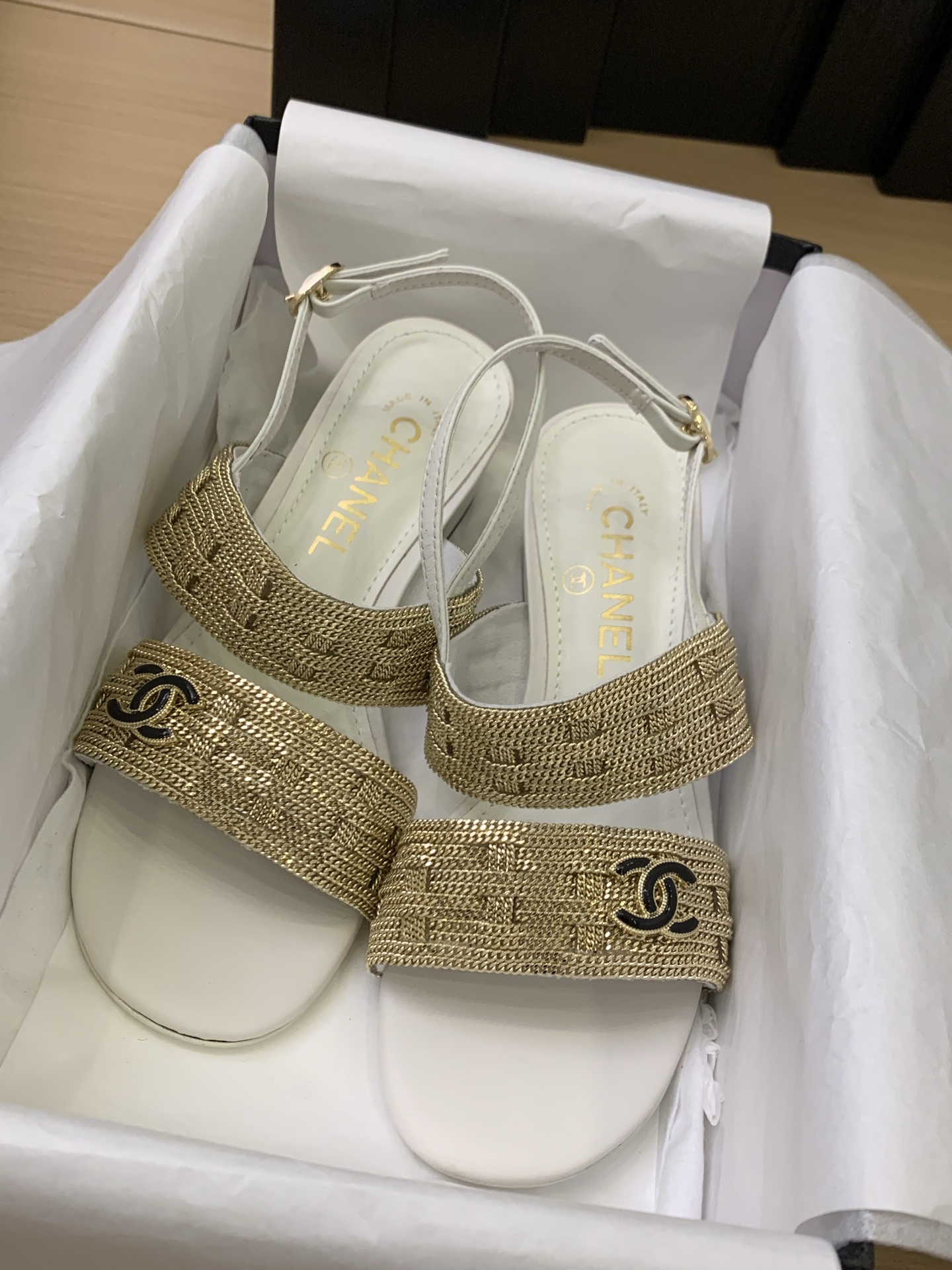 Chanel Women's White & Gold Leather Sandals with Ankle Strap and Block Heel 10 i1743187984250 6887 0 8