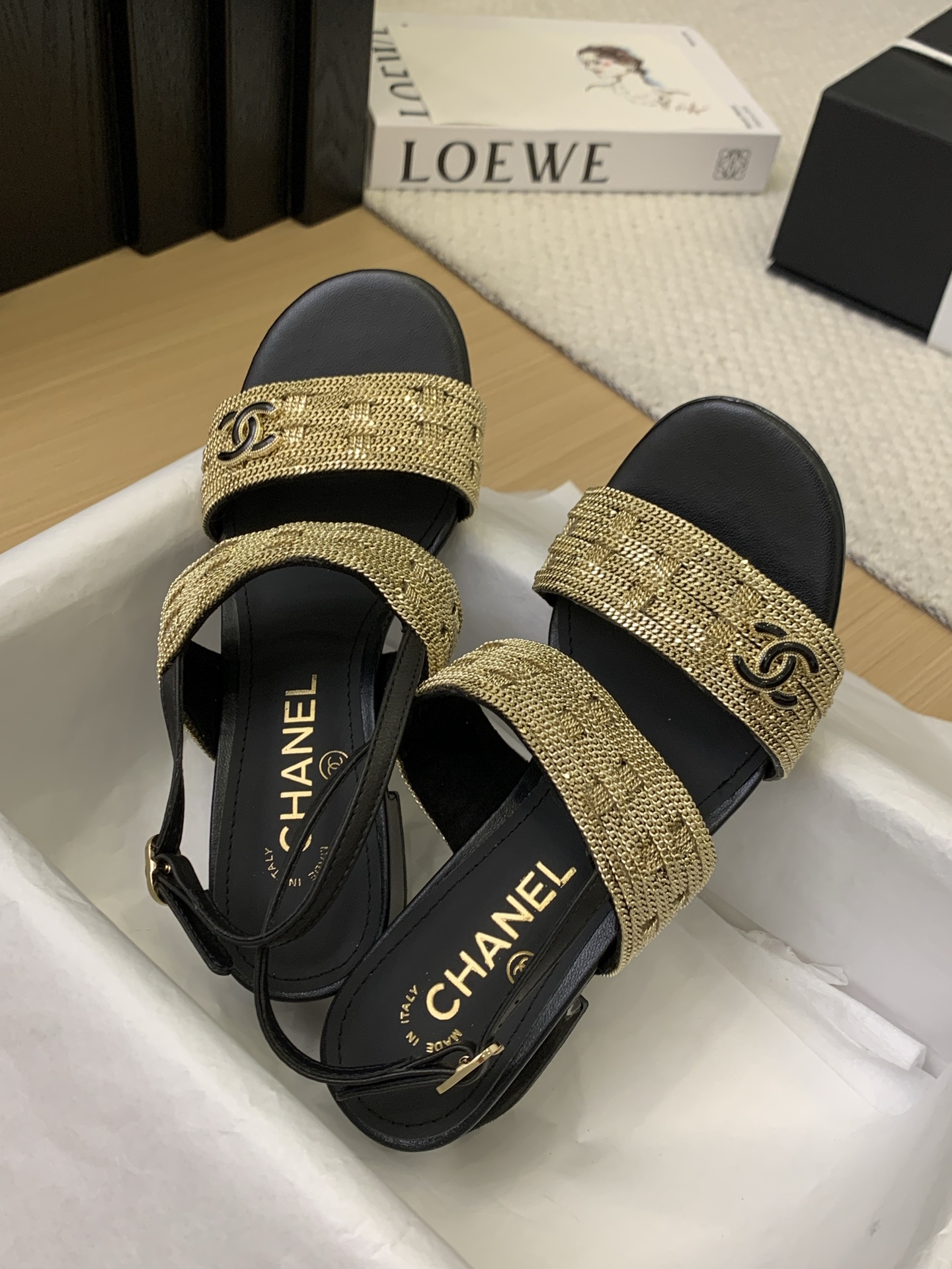 Elegant Chanel Women's Sandals with Gold Chain Detail, Italian Packaging 4 i1743199301915 7940 0 2