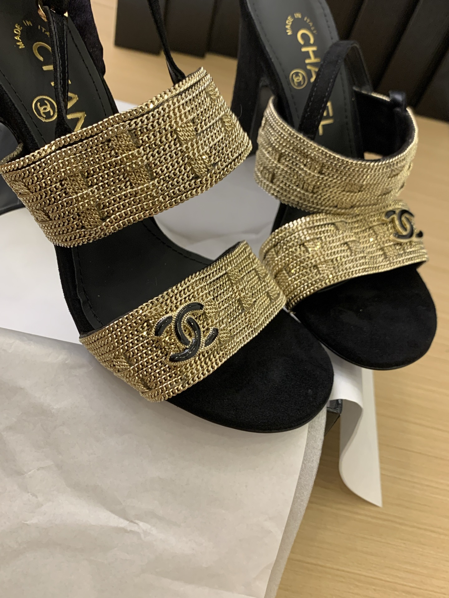CHANEL Women's Black & Gold Chain Embellished Heeled Sandals 8 i1743201555833 3520 0 6