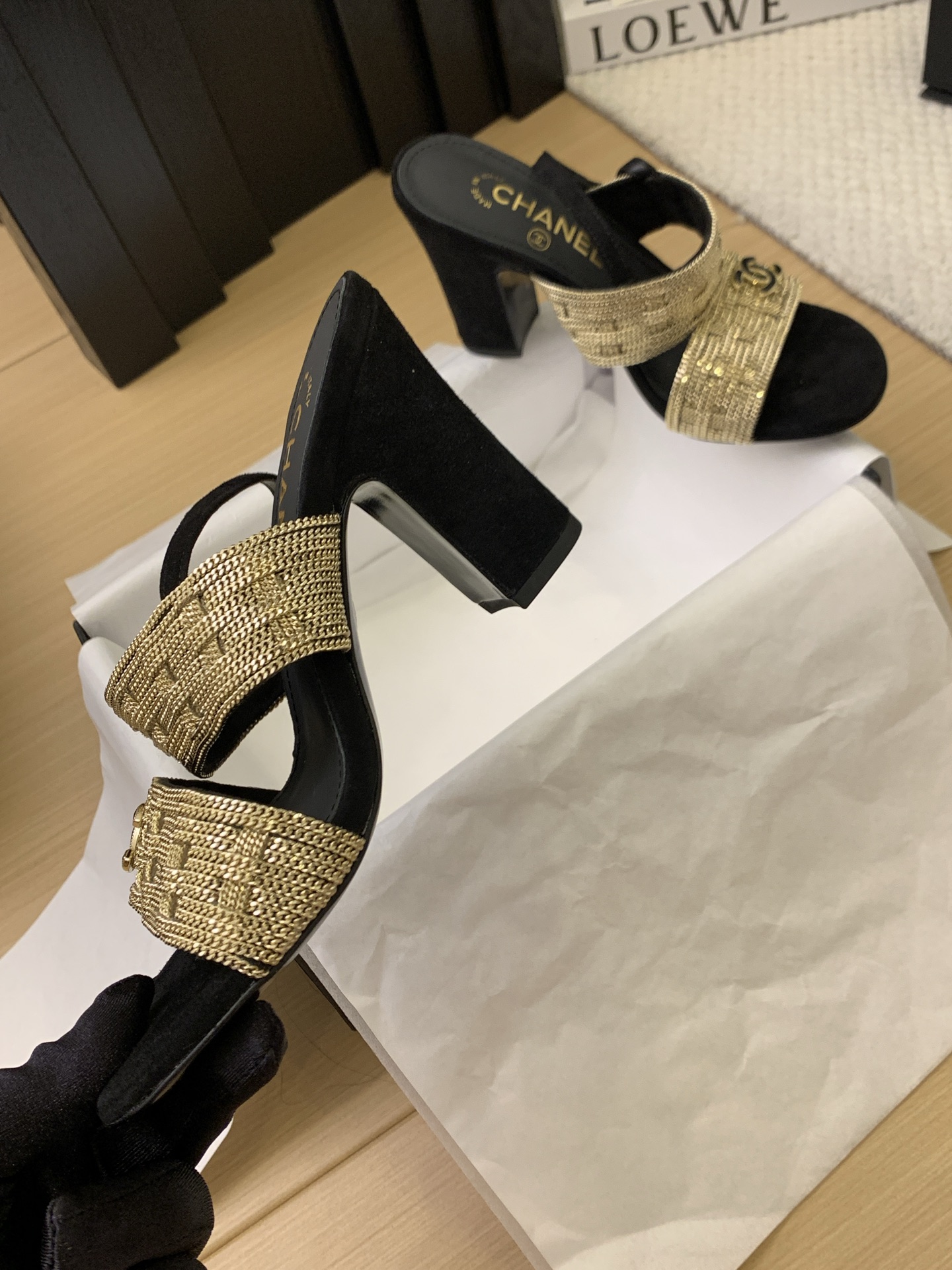 CHANEL Women's Black & Gold Chain Embellished Heeled Sandals 9 i1743201556150 4169 0 7