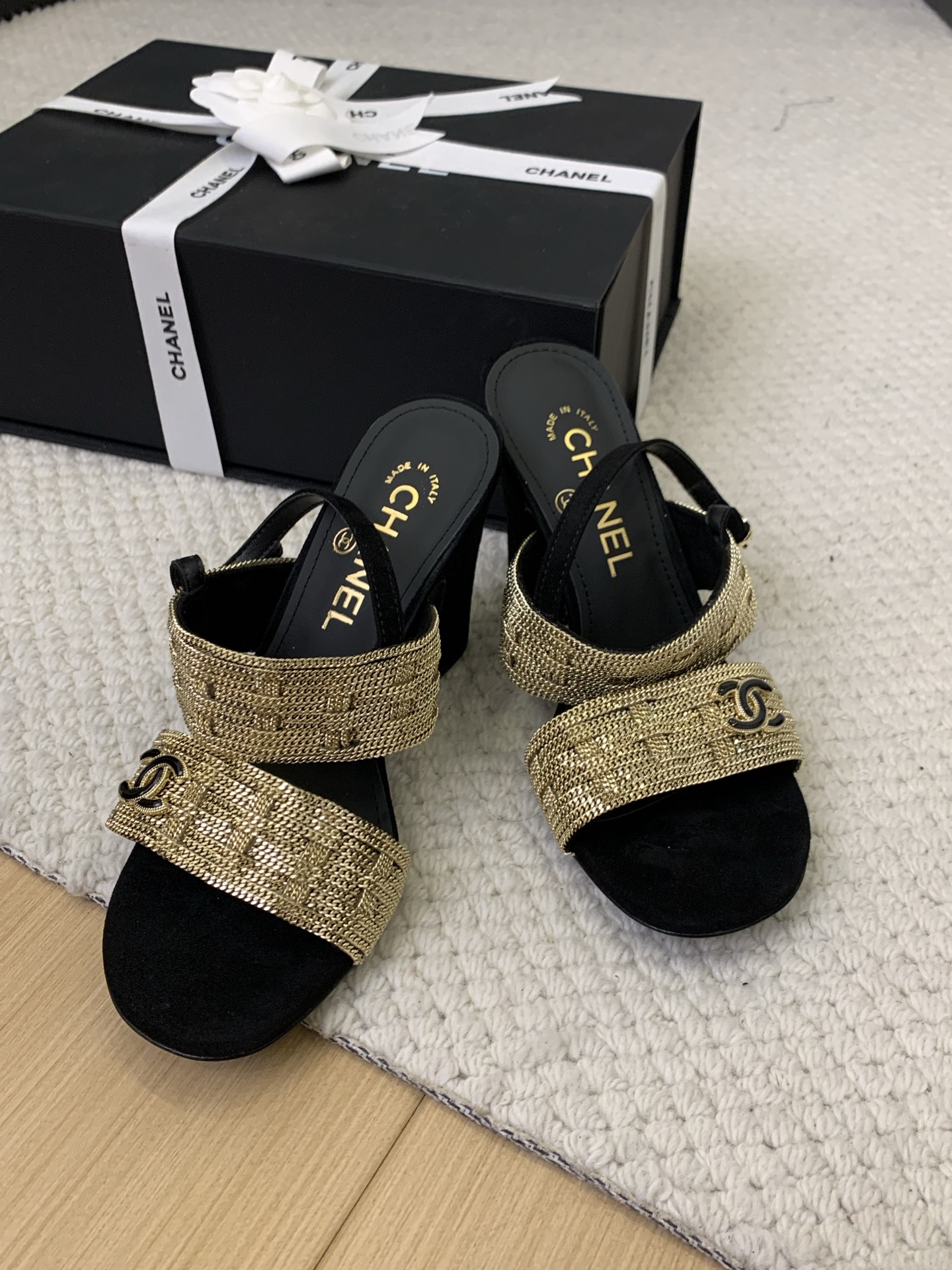 CHANEL Women's Black & Gold Chain Embellished Heeled Sandals 5 i1743201556159 9794 0 2