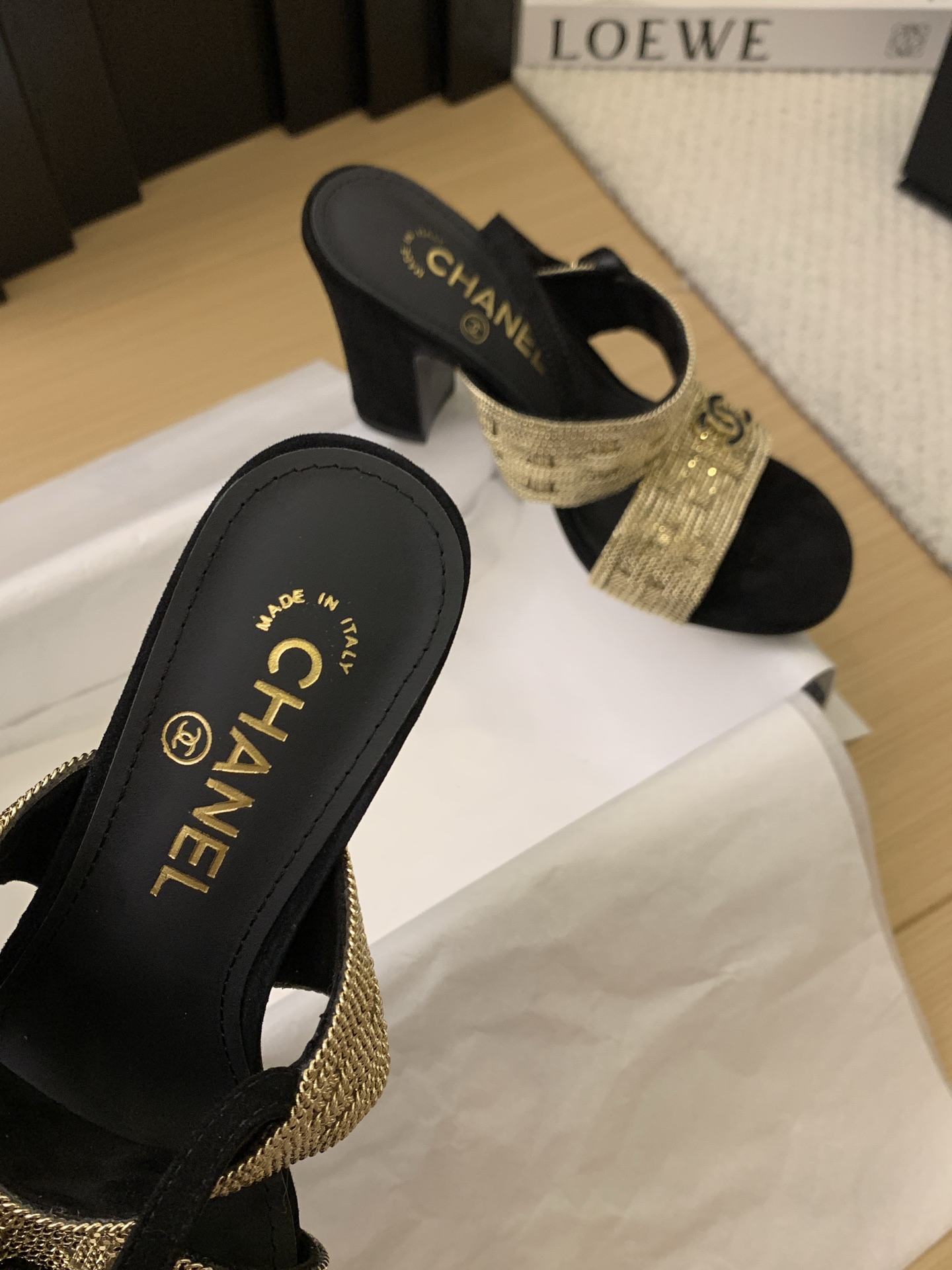 CHANEL Women's Black & Gold Chain Embellished Heeled Sandals 10 i1743201556312 6378 0 8