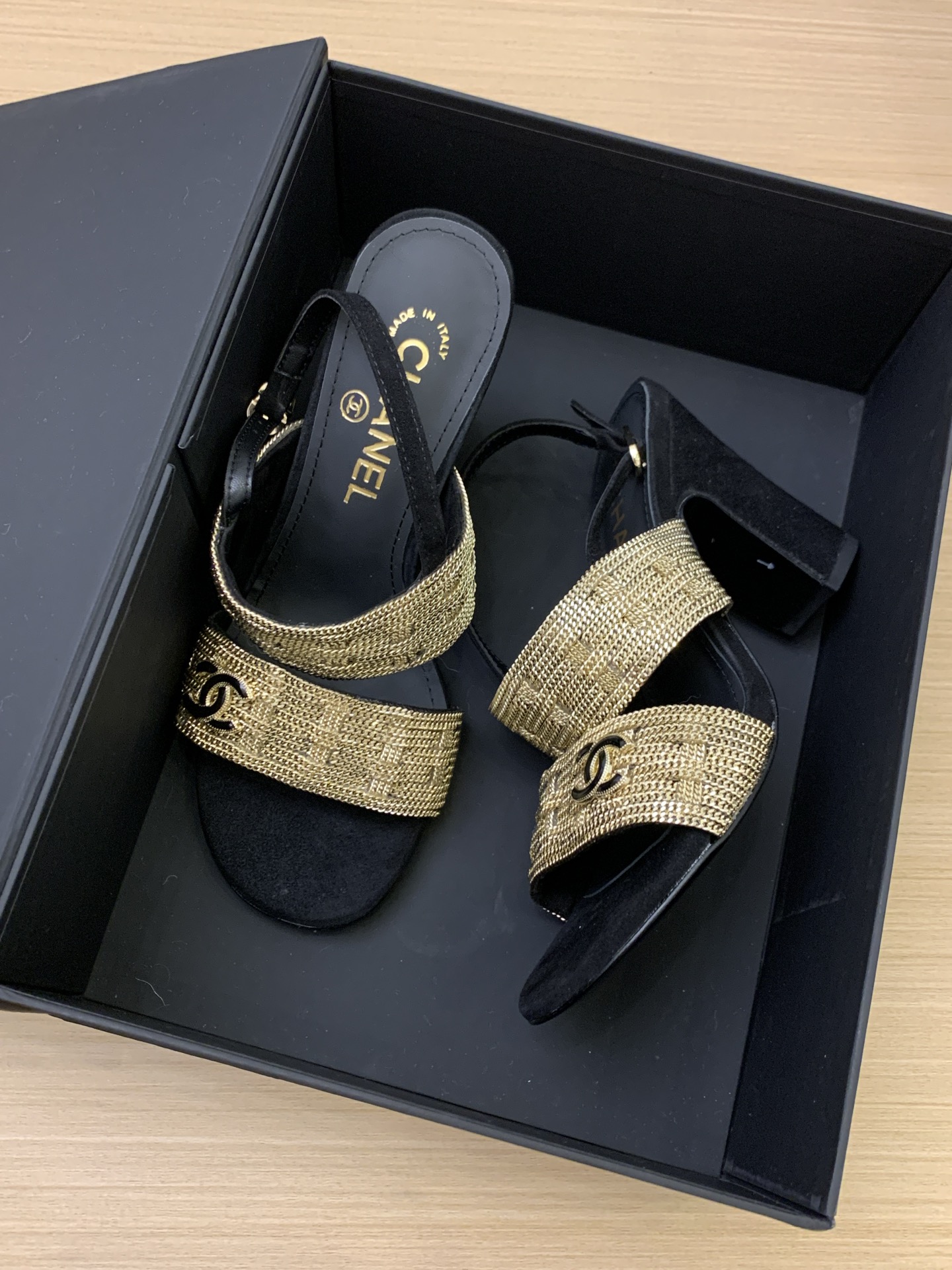 CHANEL Women's Black & Gold Chain Embellished Heeled Sandals 3 i1743201557827 7581 0 0