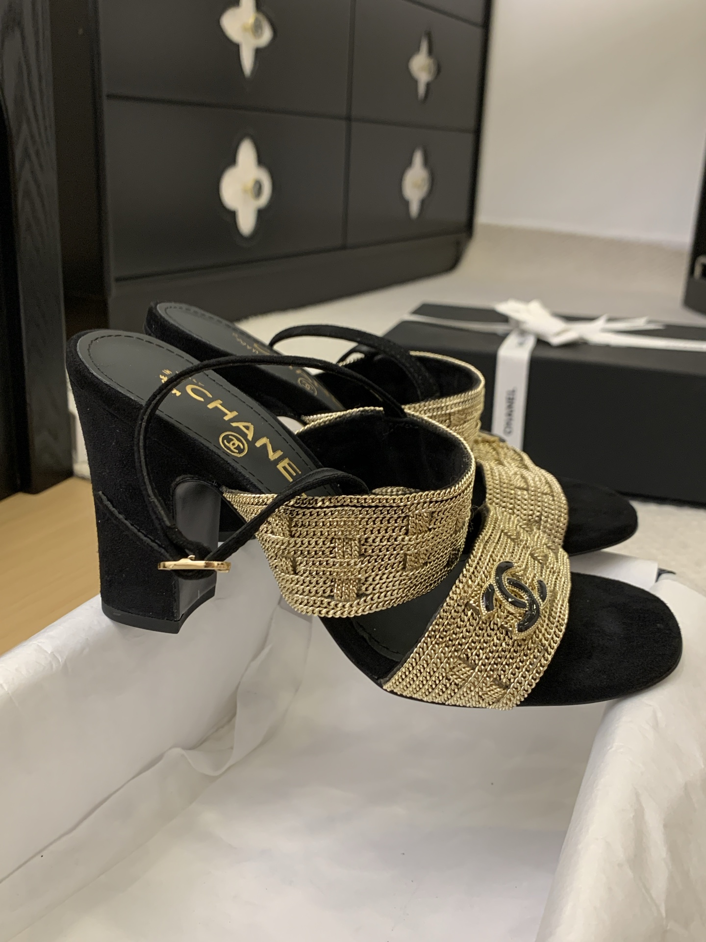 CHANEL Women's Black & Gold Chain Embellished Heeled Sandals 7 i1743201557902 803 0 5