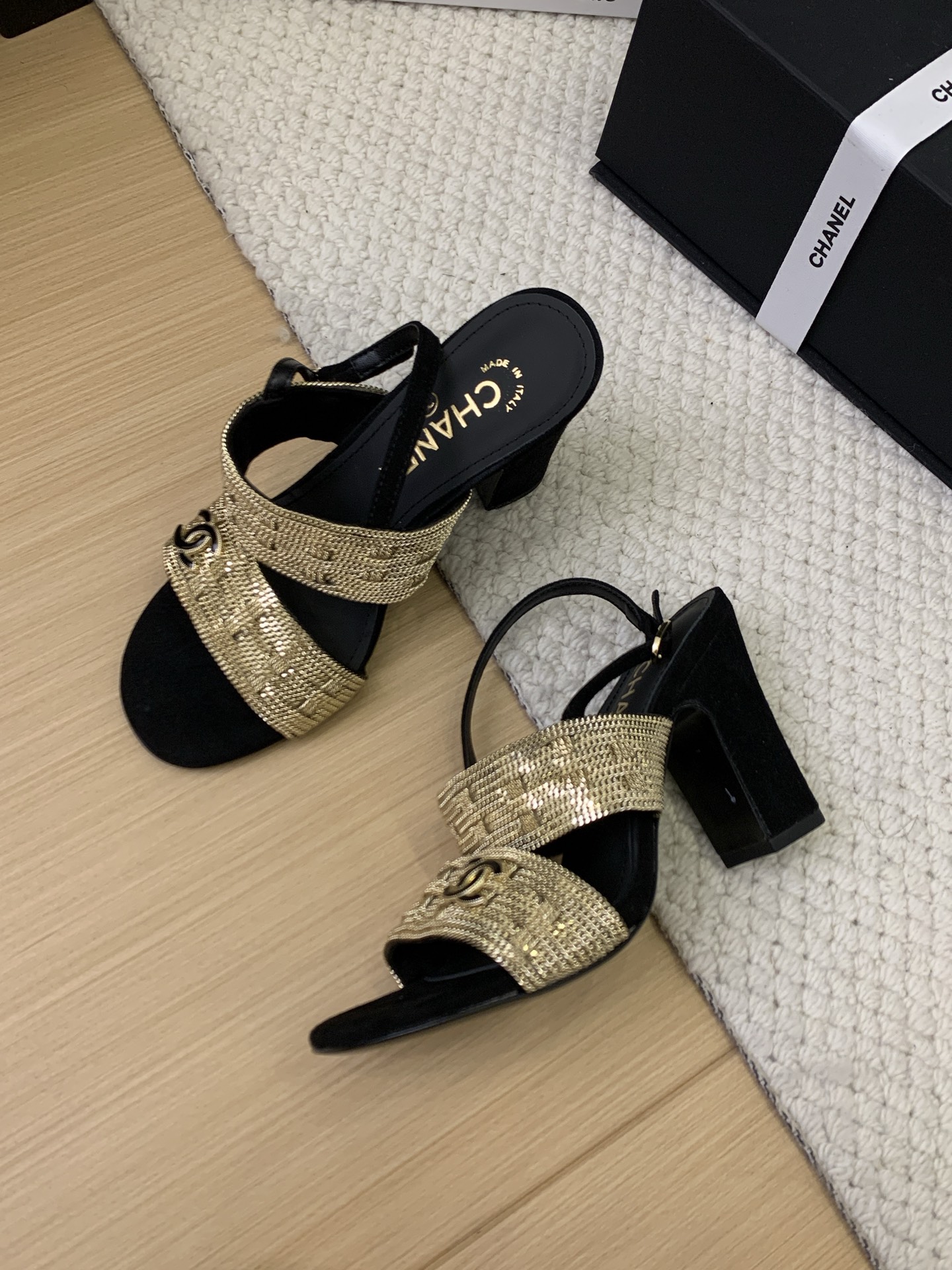CHANEL Women's Black & Gold Chain Embellished Heeled Sandals 2 i1743201557993 5530 0 4