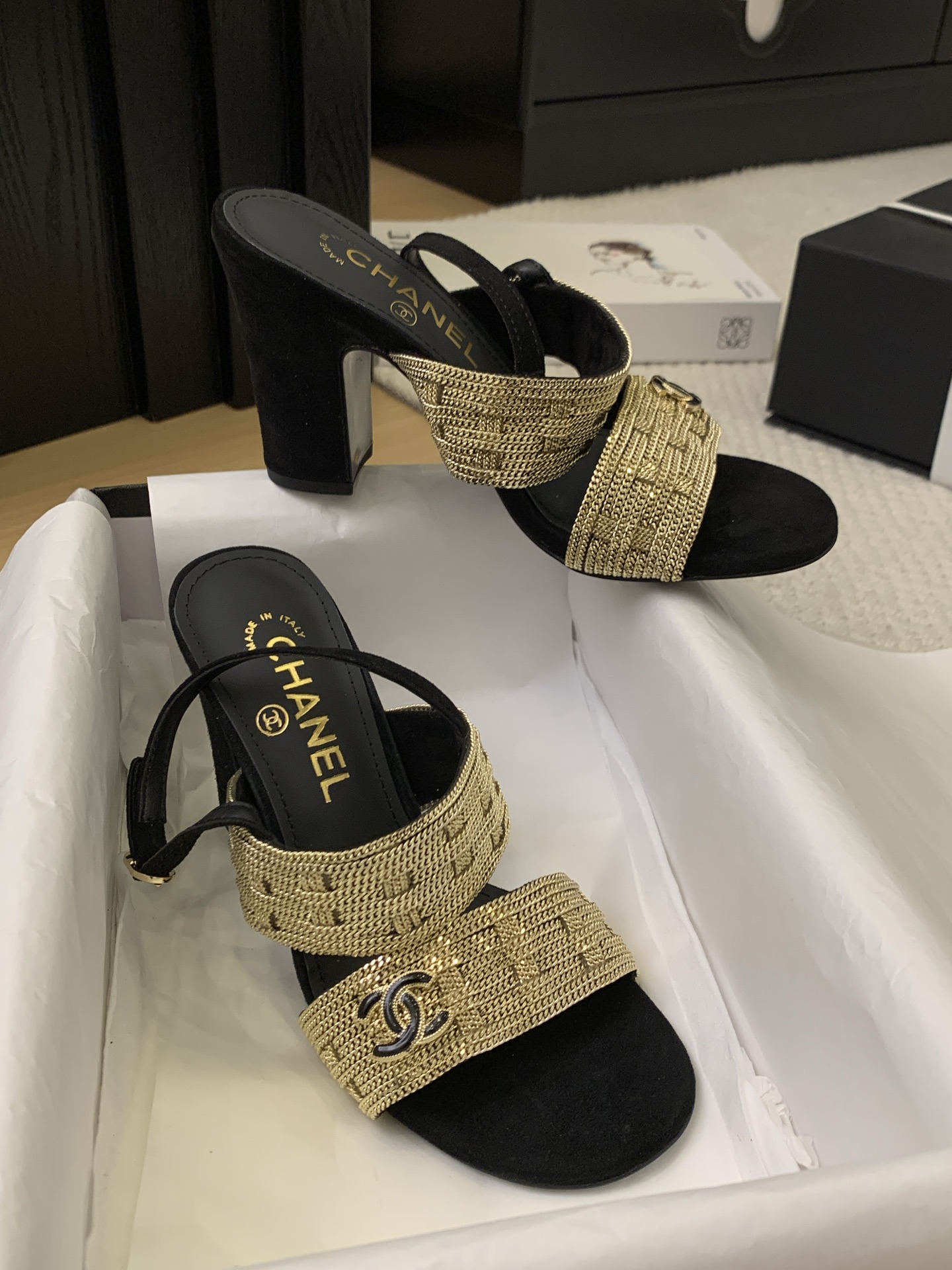 CHANEL Women's Black & Gold Chain Embellished Heeled Sandals 4 i1743201558129 7477 0 1