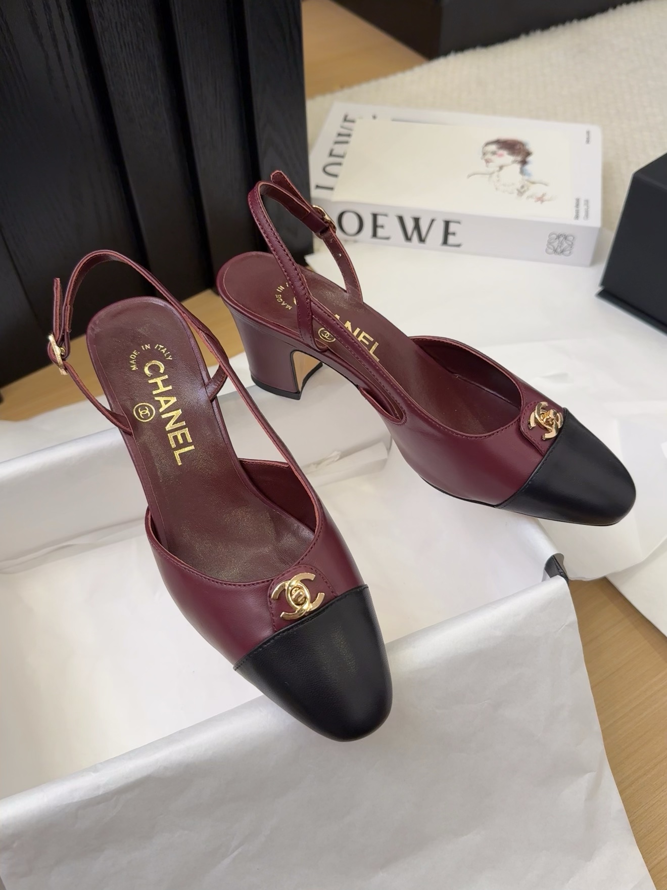 Chanel 25 Slingback Pumps, Burgundy & Black Leather, Women's Size 35-39 8 i1743328910 1103 3