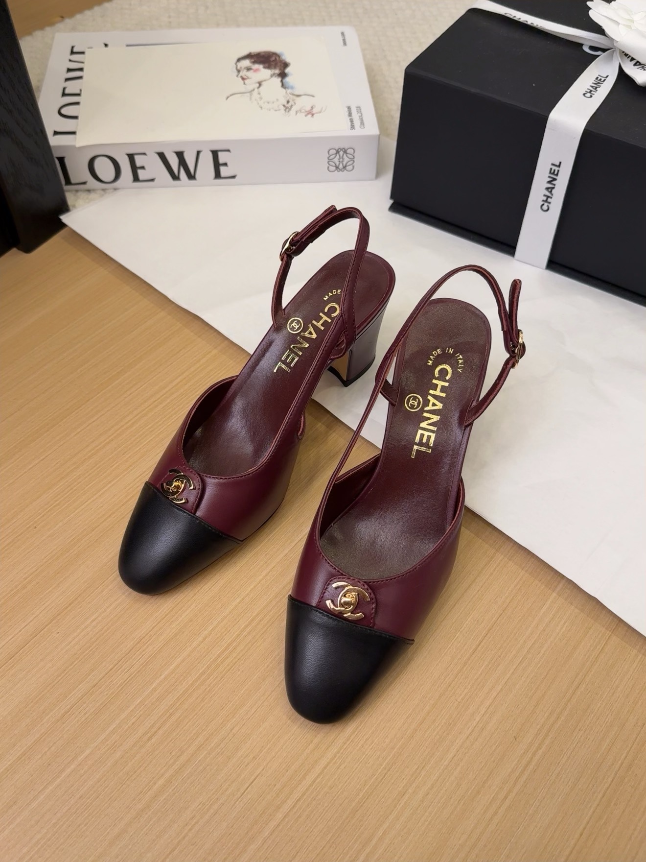 Chanel 25 Slingback Pumps, Burgundy & Black Leather, Women's Size 35-39 3 i1743328910 5734 4