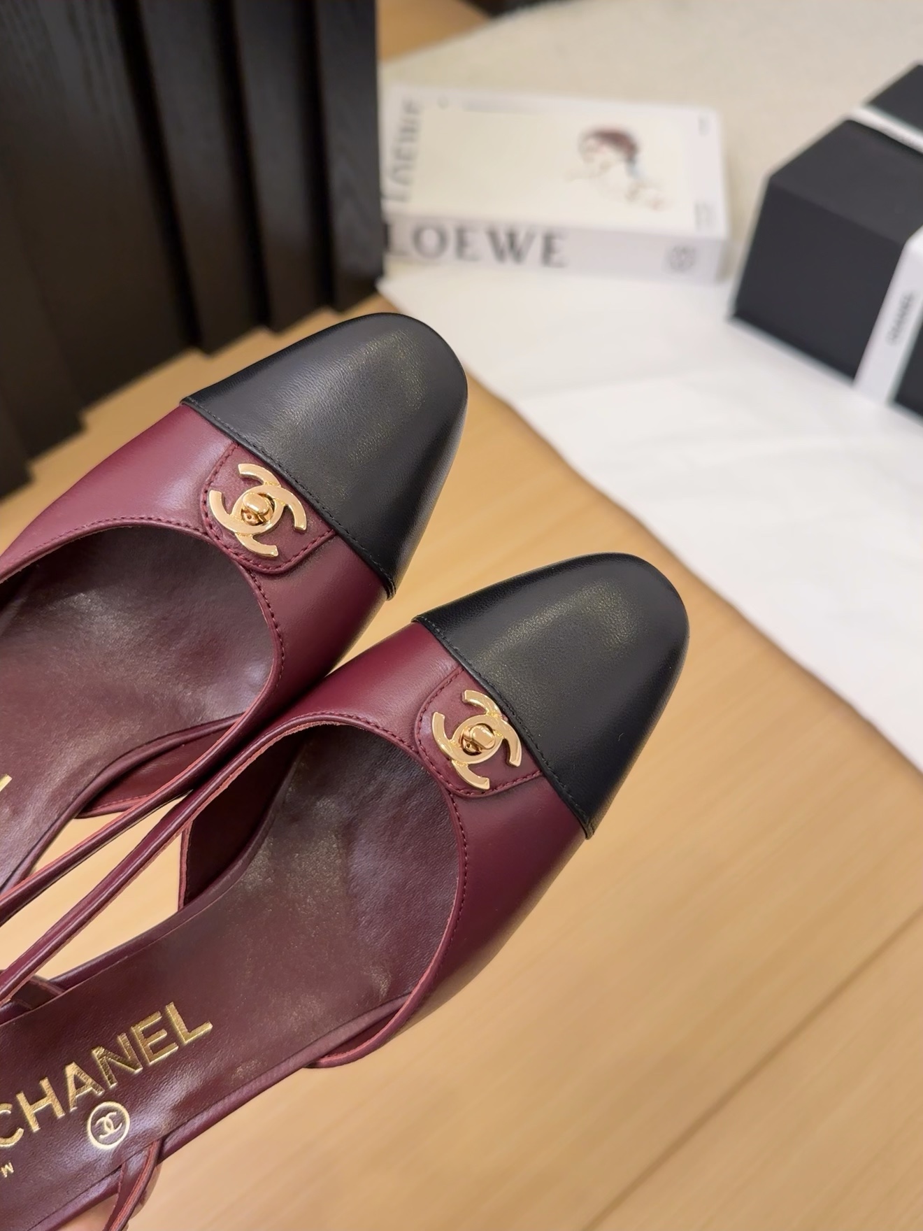 Chanel 25 Slingback Pumps, Burgundy & Black Leather, Women's Size 35-39 6 i1743328910 6555 2