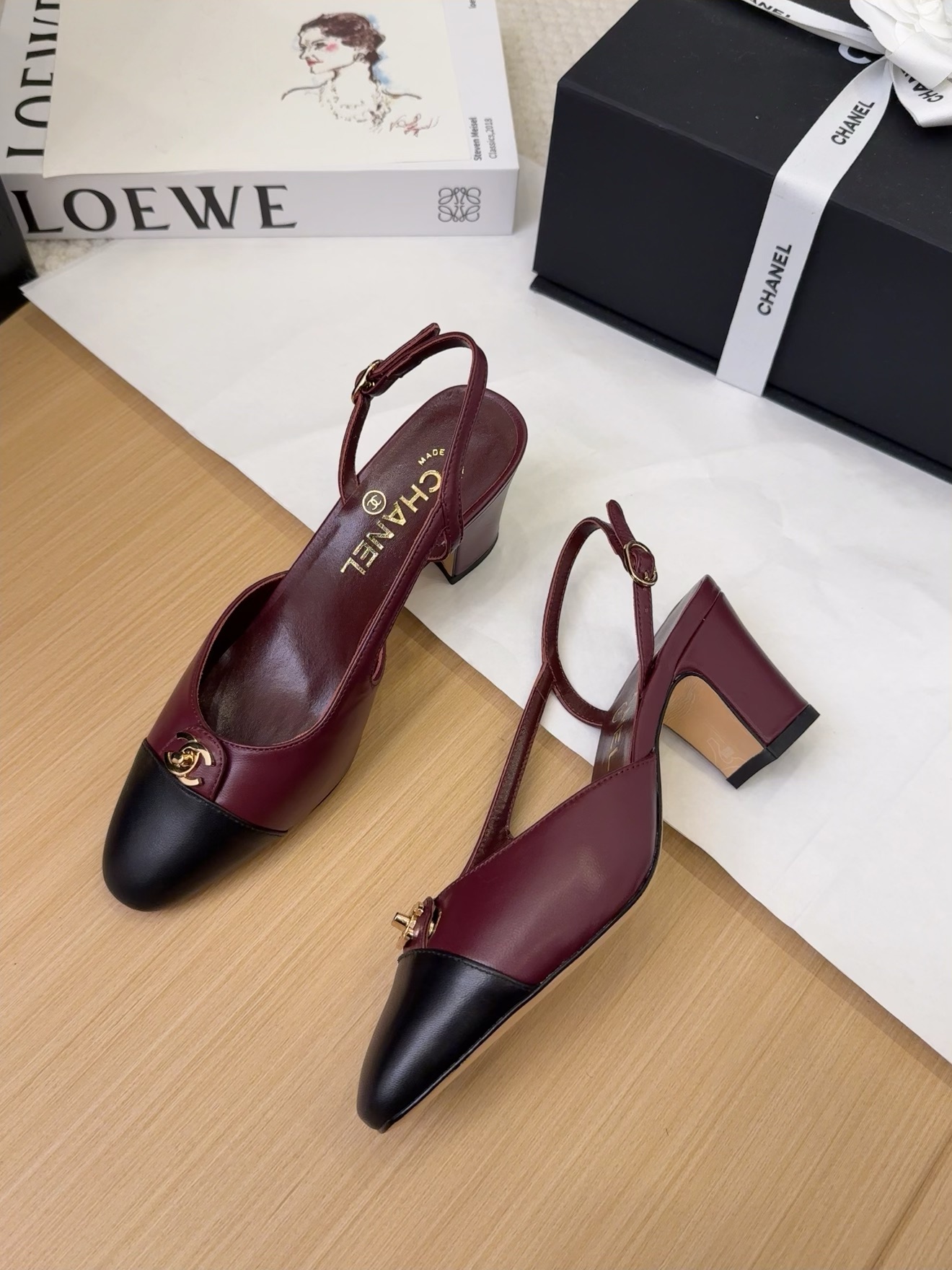 Chanel 25 Slingback Pumps, Burgundy & Black Leather, Women's Size 35-39 1 Chanel 25 Slingback Pumps, Burgundy & Black Leather, Women's Size 35-39