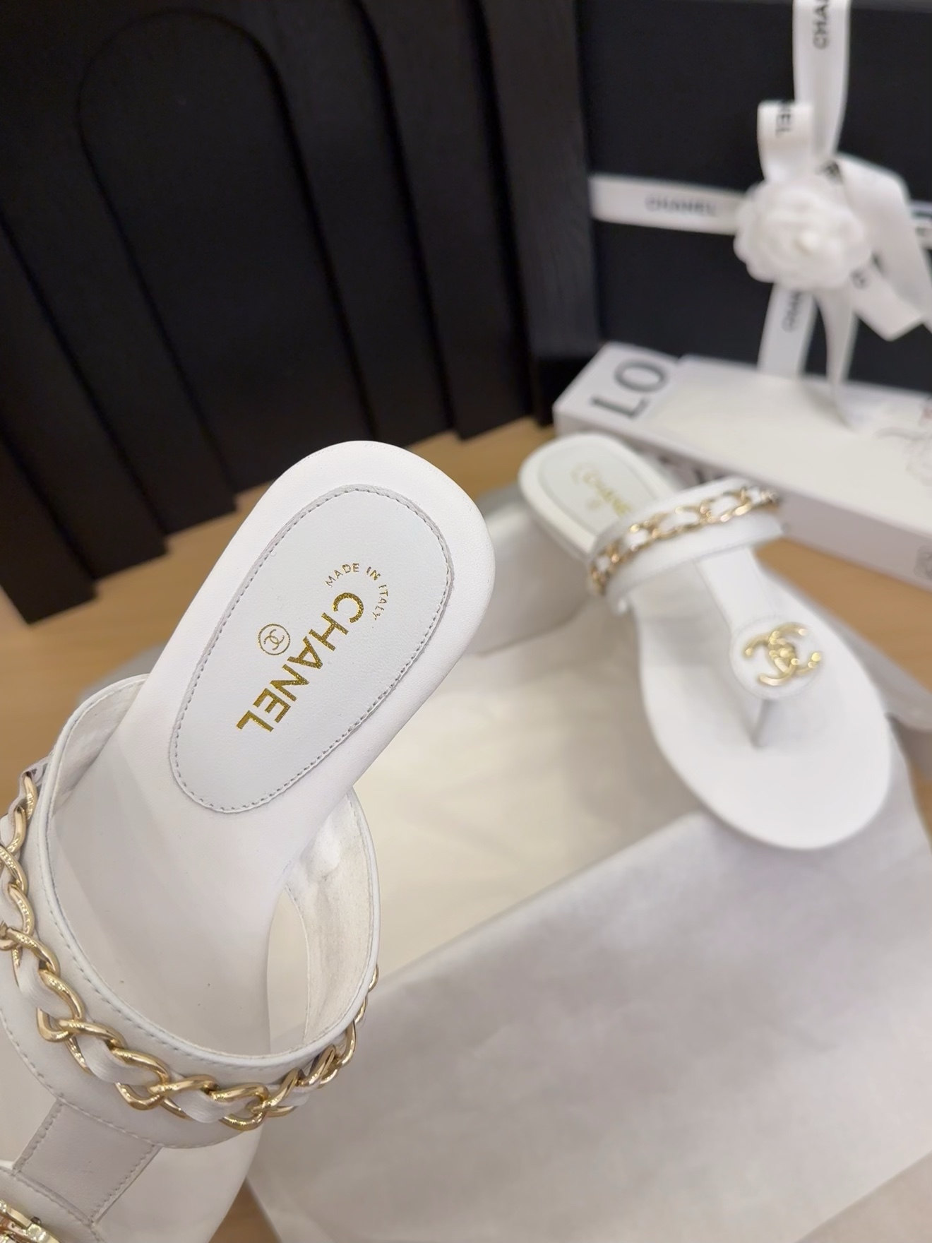 Elegant White Leather Thong Sandals With Chain Detail - Inspired by Chanel 8 i1743510722 8509 3