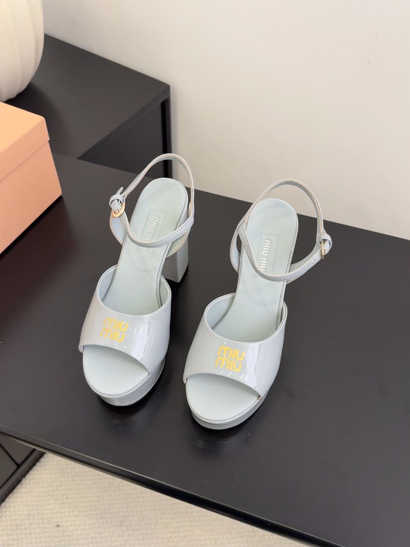 Miu Miu Women's Platform Heeled Sandals Patent Leather Ankle Strap Light Blue 3 i1743514380 2596 3