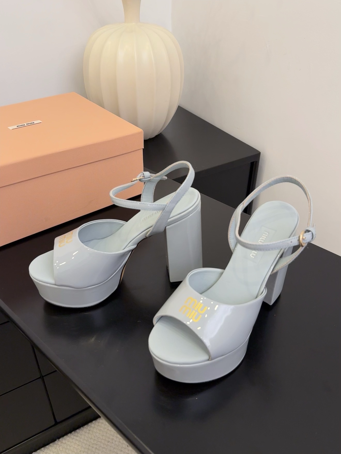 Miu Miu Women's Platform Heeled Sandals Patent Leather Ankle Strap Light Blue 4 i1743514380 3691 7