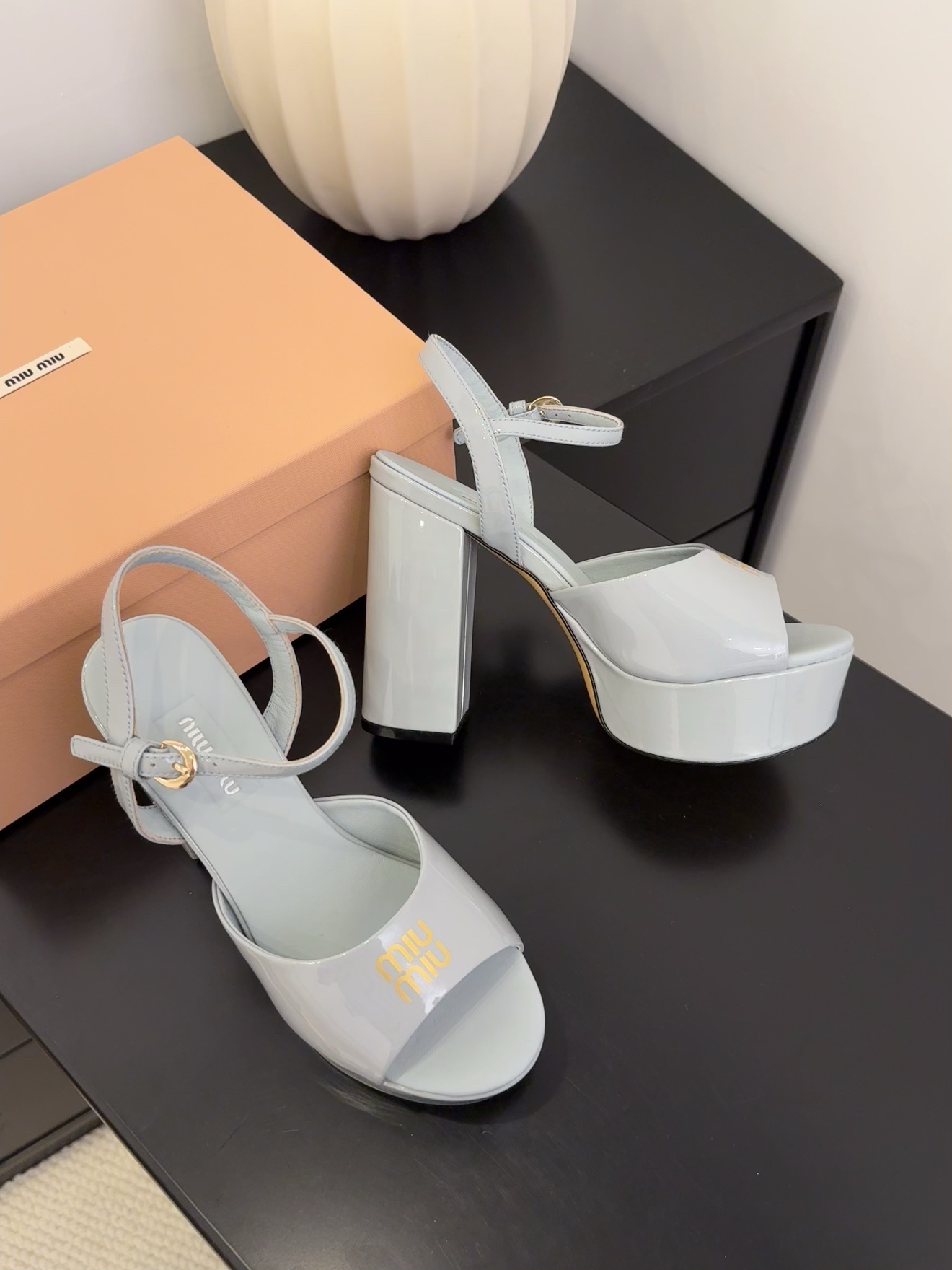 Miu Miu Women's Platform Heeled Sandals Patent Leather Ankle Strap Light Blue 6 i1743514380 6015 1