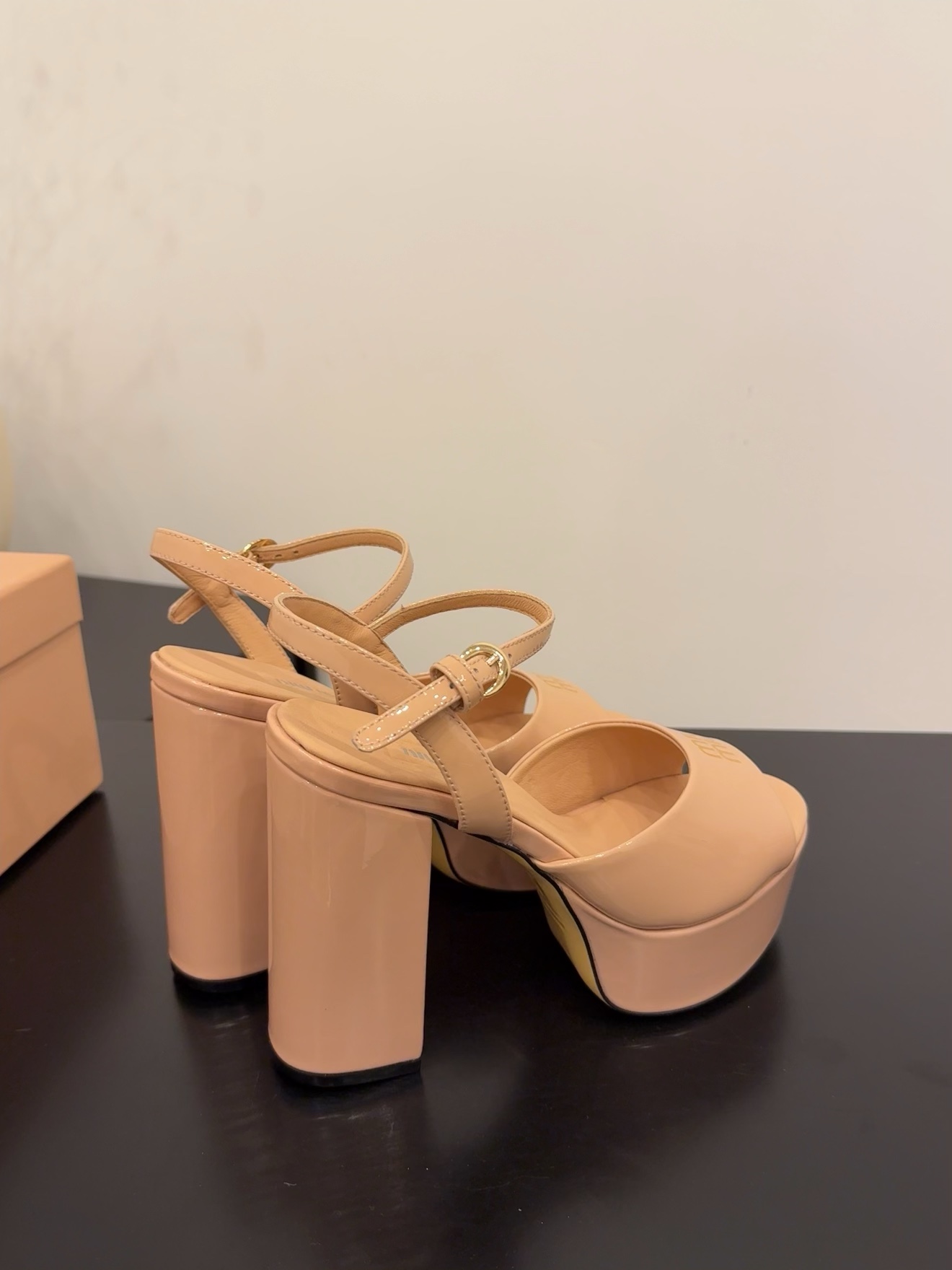 Miu Miu Women's Platform Block Heel Sandal, Patent Leather, Beige 5 i1743514630 2016 1