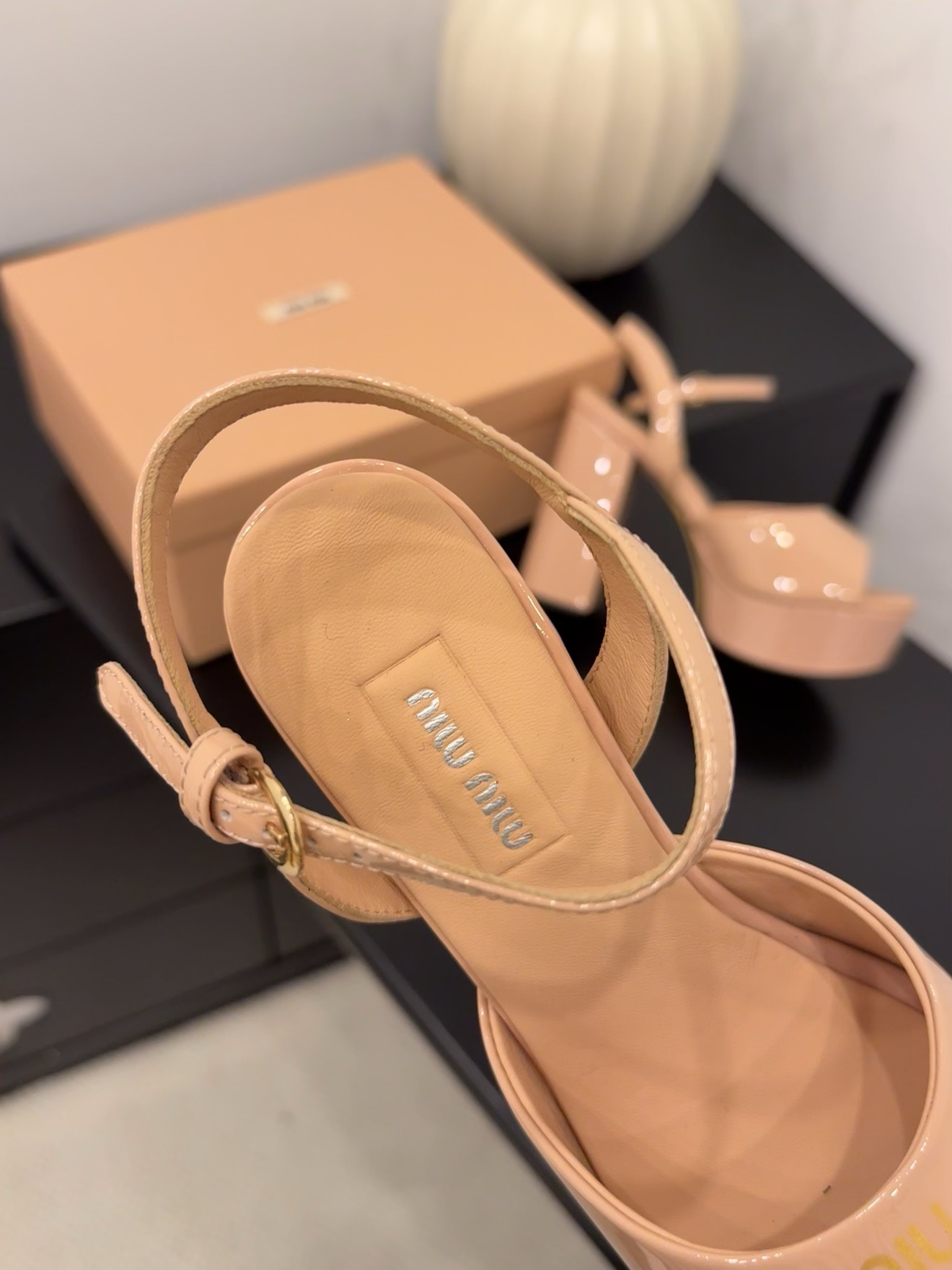 Miu Miu Women's Platform Block Heel Sandal, Patent Leather, Beige 10 i1743514630 2371 7