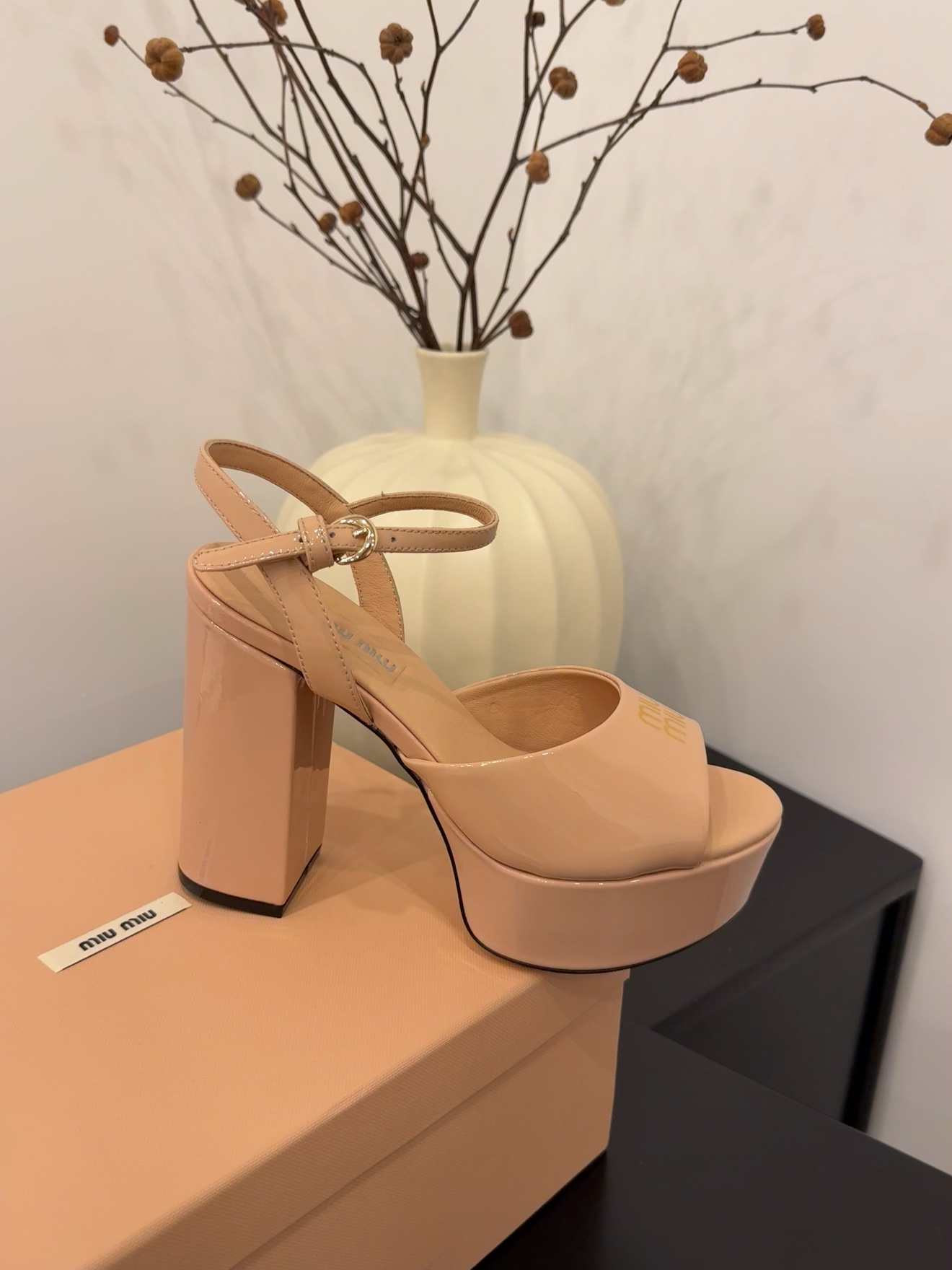 Miu Miu Women's Platform Block Heel Sandal, Patent Leather, Beige 1 Miu Miu Women's Platform Block Heel Sandal, Patent Leather, Beige
