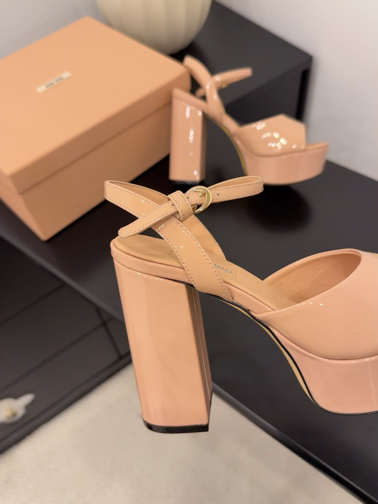 Miu Miu Women's Platform Block Heel Sandal, Patent Leather, Beige 9 i1743514630 4251 6