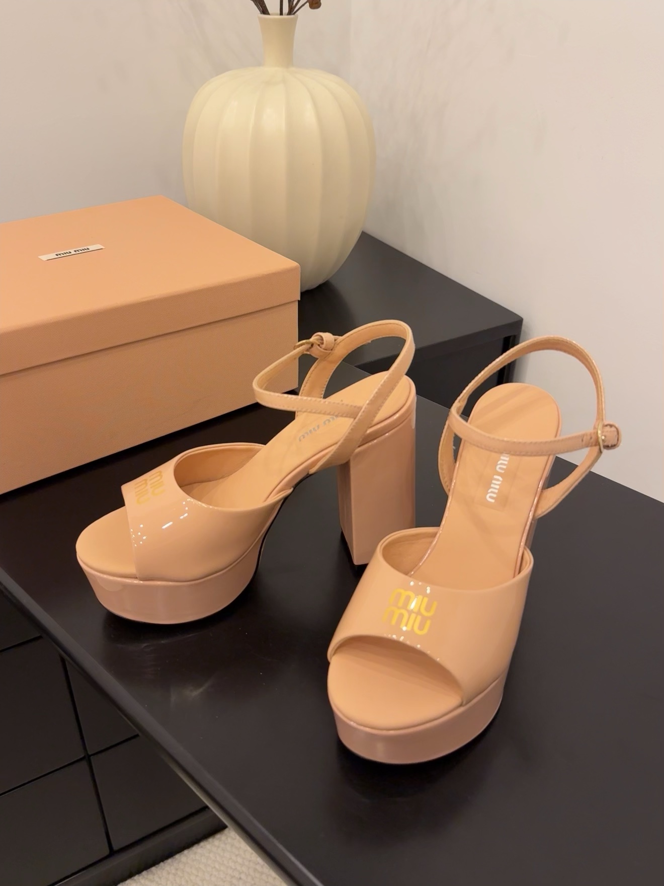 Miu Miu Women's Platform Block Heel Sandal, Patent Leather, Beige 4 i1743514630 5431 4