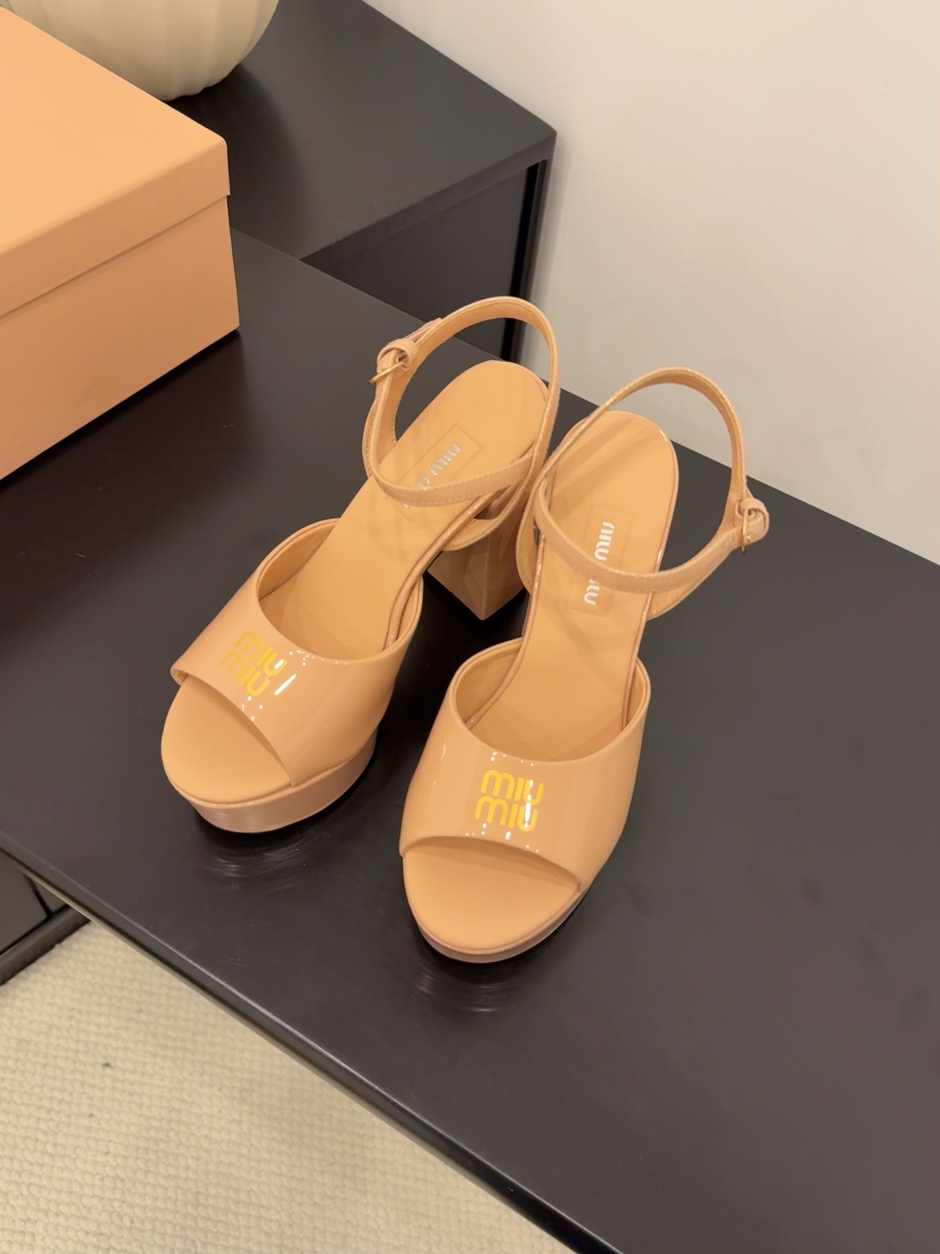 Miu Miu Women's Platform Block Heel Sandal, Patent Leather, Beige 3 i1743514630 6020 3