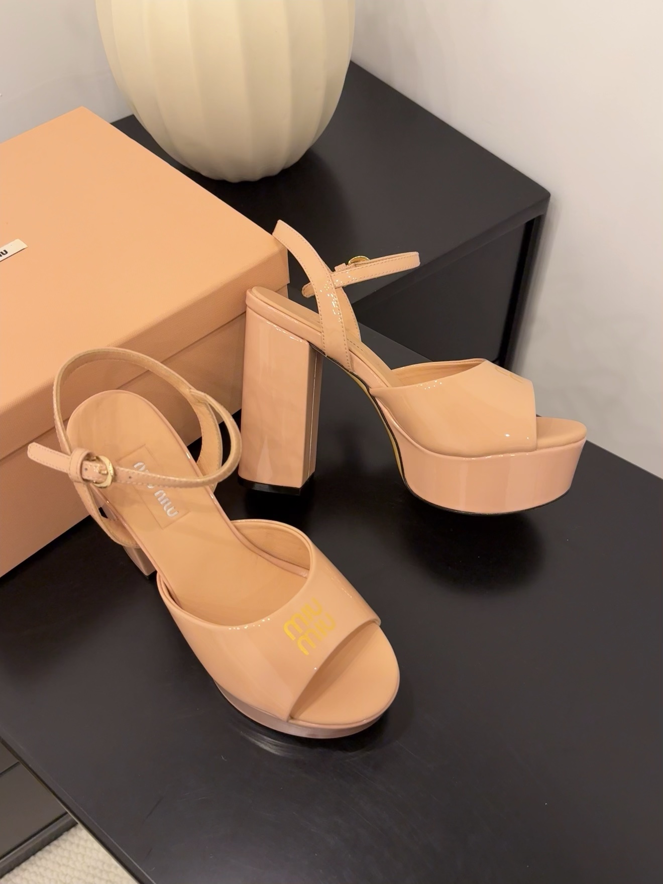Miu Miu Women's Platform Block Heel Sandal, Patent Leather, Beige 7 i1743514630 9645 5