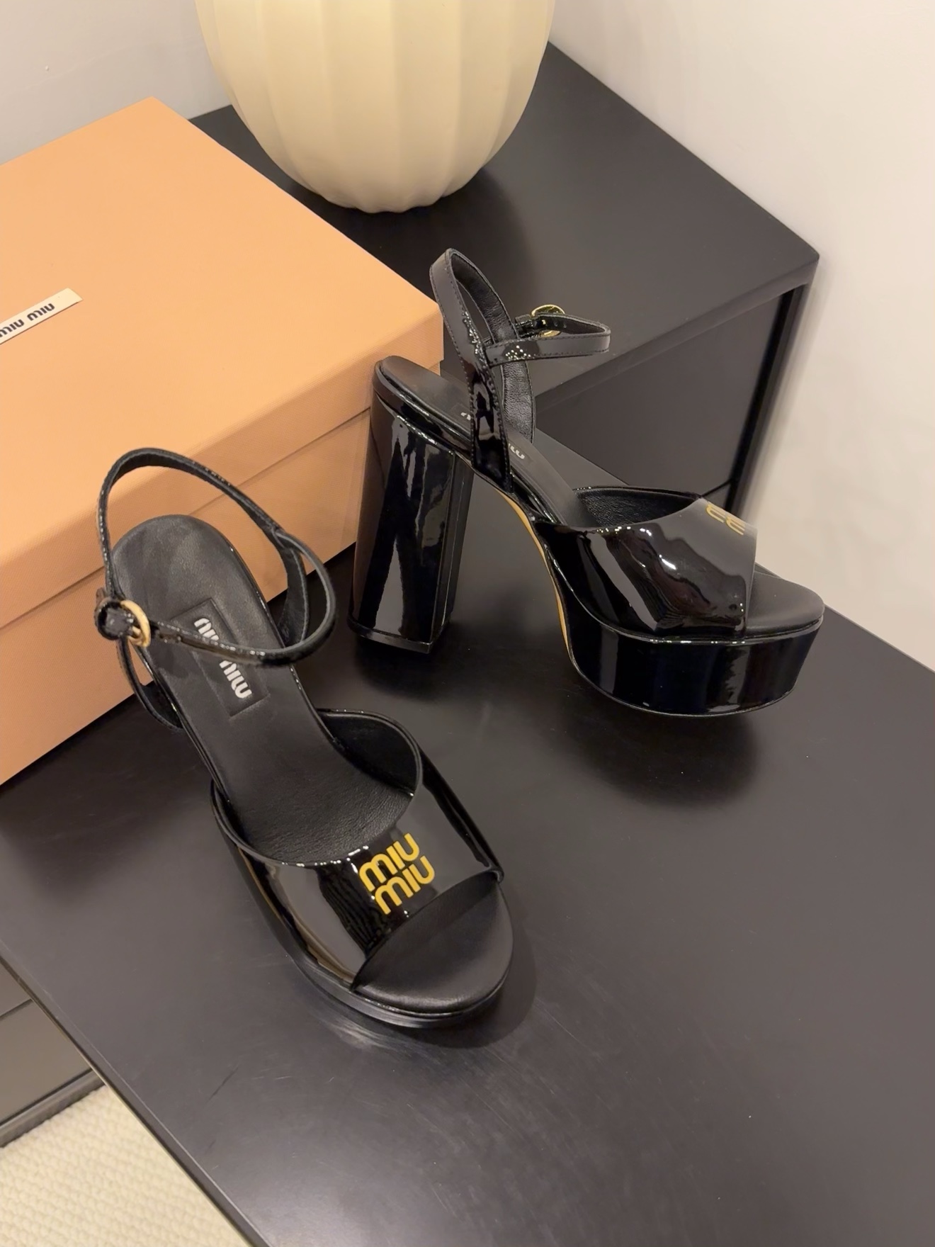 Miu Miu Women's Black Patent Leather Platform Block Heel Sandals 6 i1743514669 1042 8