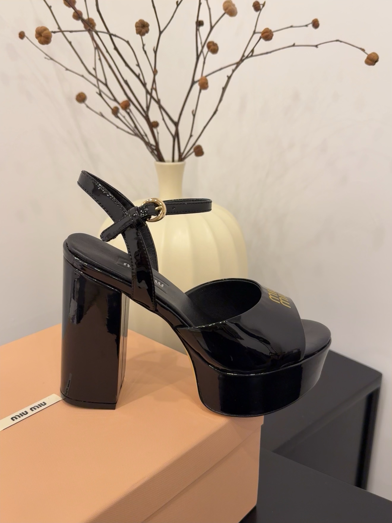 Miu Miu Women's Black Patent Leather Platform Block Heel Sandals 1 Miu Miu Women's Black Patent Leather Platform Block Heel Sandals