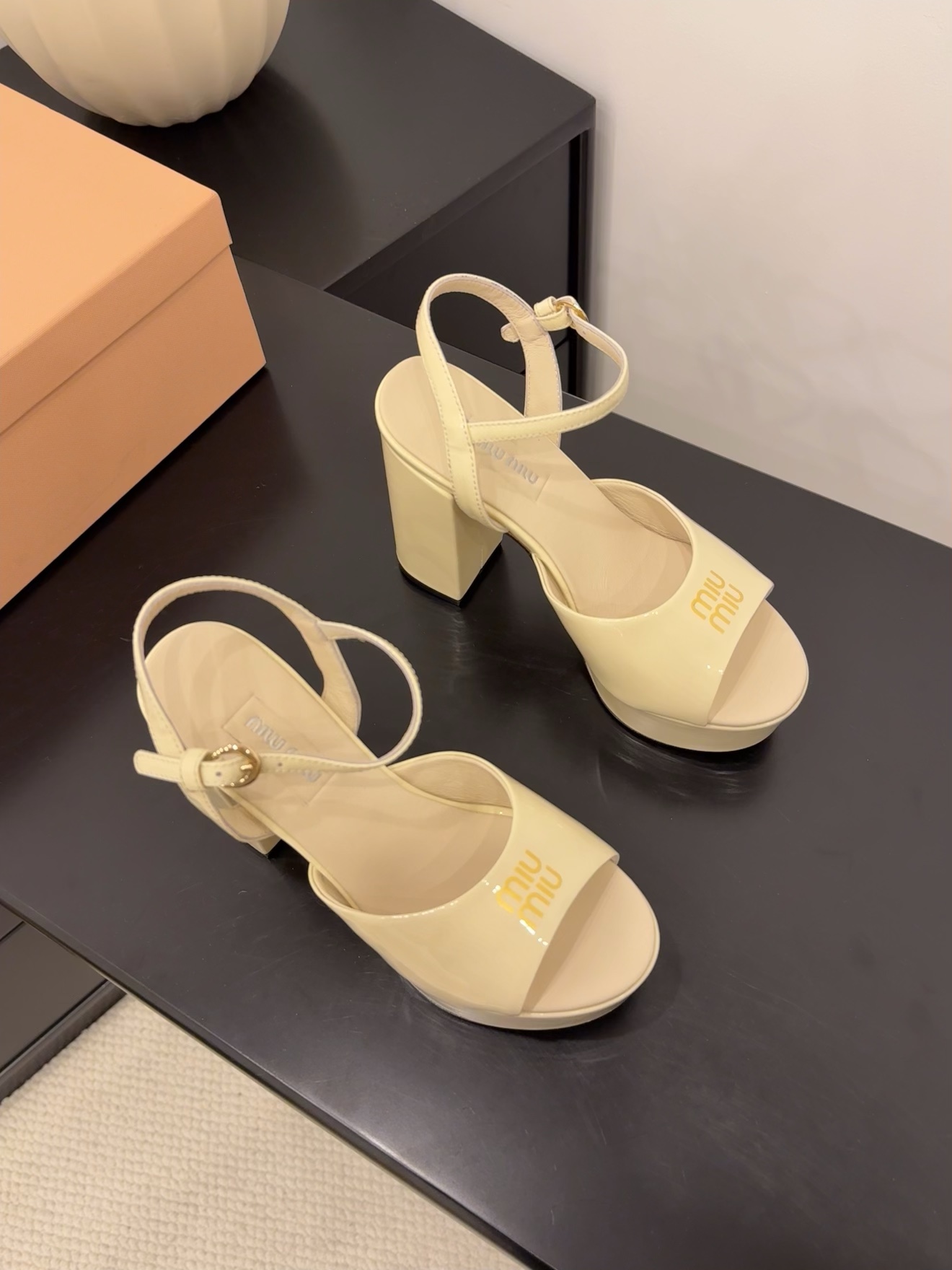 Miu Miu Women's Patent Leather Platform Heeled Sandals in Cream 5 i1743514699 0 3