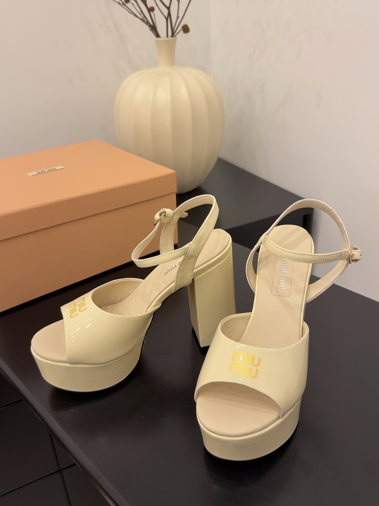 Miu Miu Women's Patent Leather Platform Heeled Sandals in Cream 4 i1743514699 2584 0