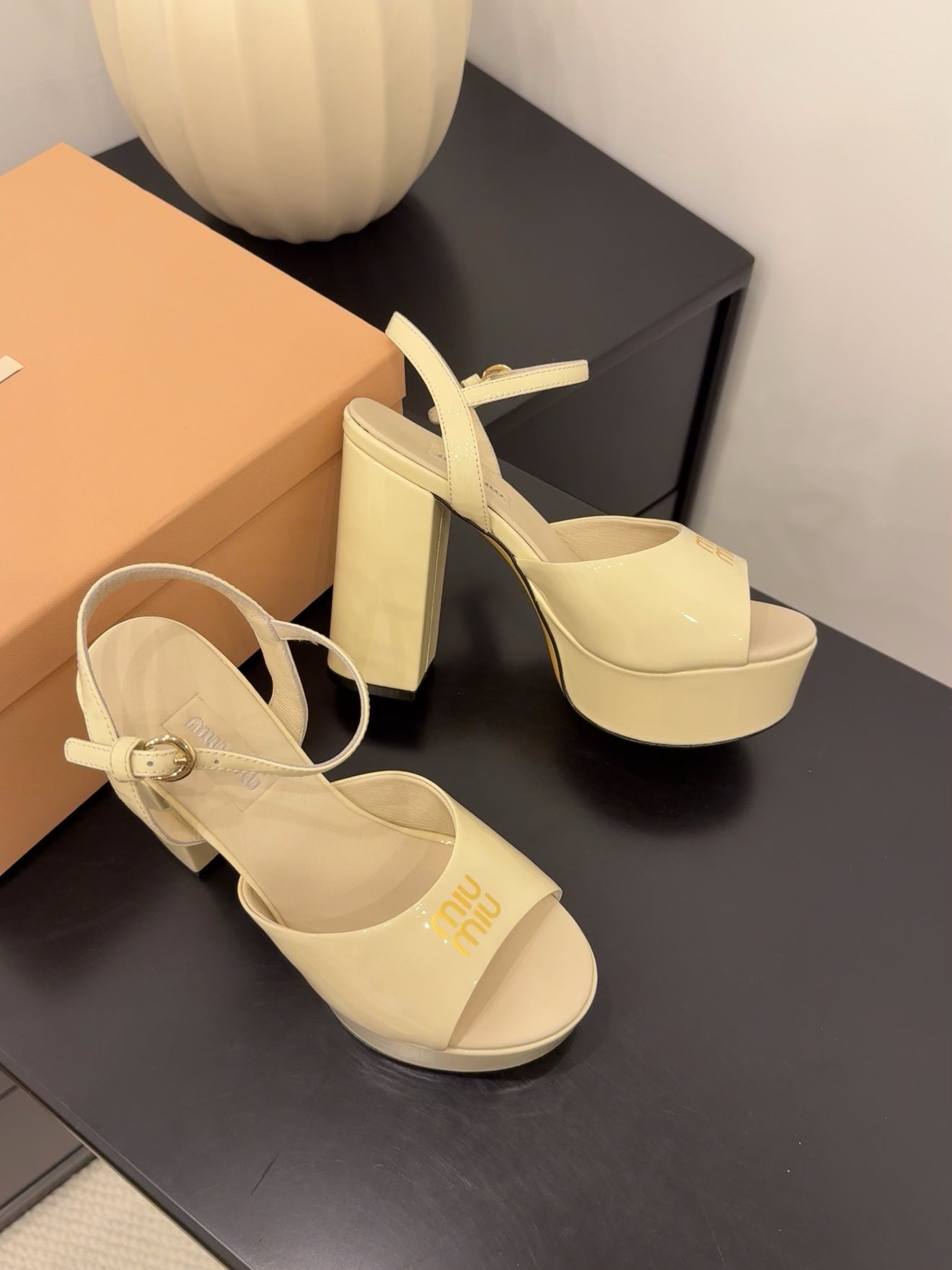 Miu Miu Women's Patent Leather Platform Heeled Sandals in Cream 6 i1743514699 4740 7