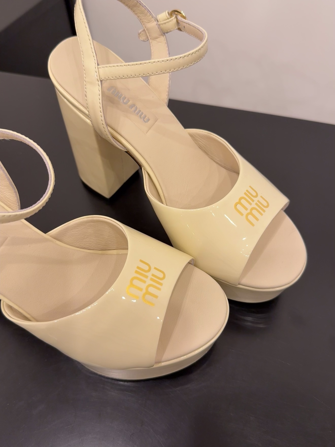 Miu Miu Women's Patent Leather Platform Heeled Sandals in Cream 8 i1743514699 8924 1