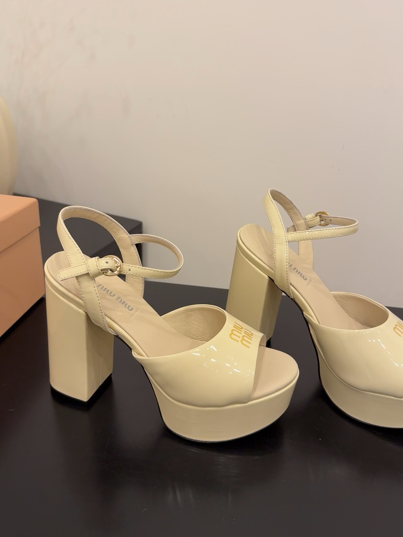 Miu Miu Women's Patent Leather Platform Heeled Sandals in Cream 7 i1743514699 9313 2